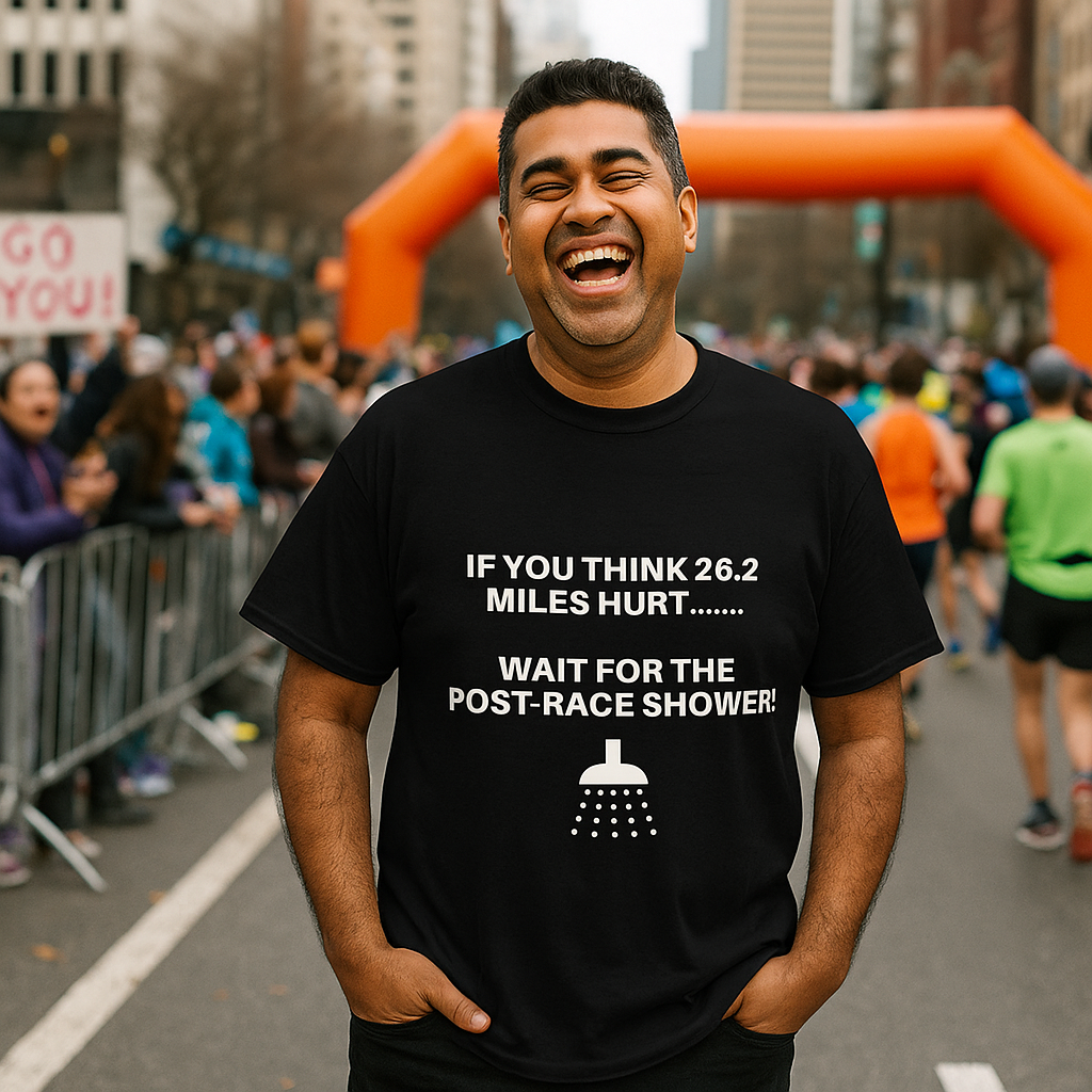 "Cotton tee featuring funny post-marathon shower warning"