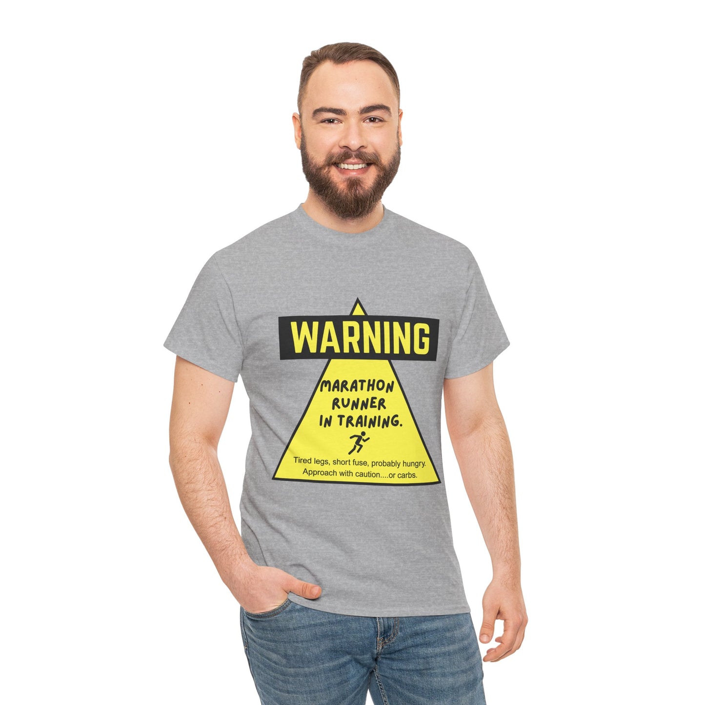 "Unisex t-shirt with warning text about marathon runner in training - tired legs, short fuse, probably hungry"