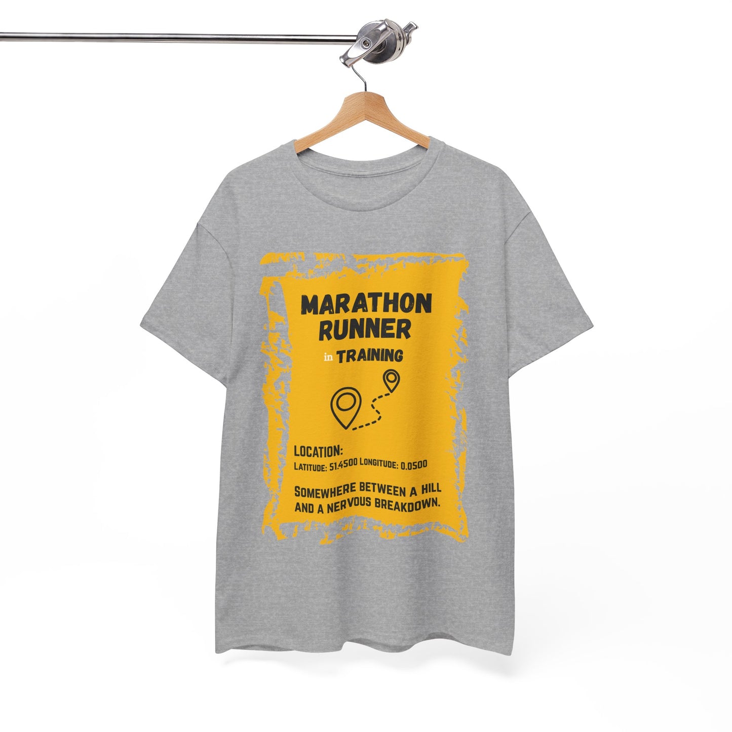 "Unisex classic fit t-shirt with humorous marathon training text about hills and breakdowns"