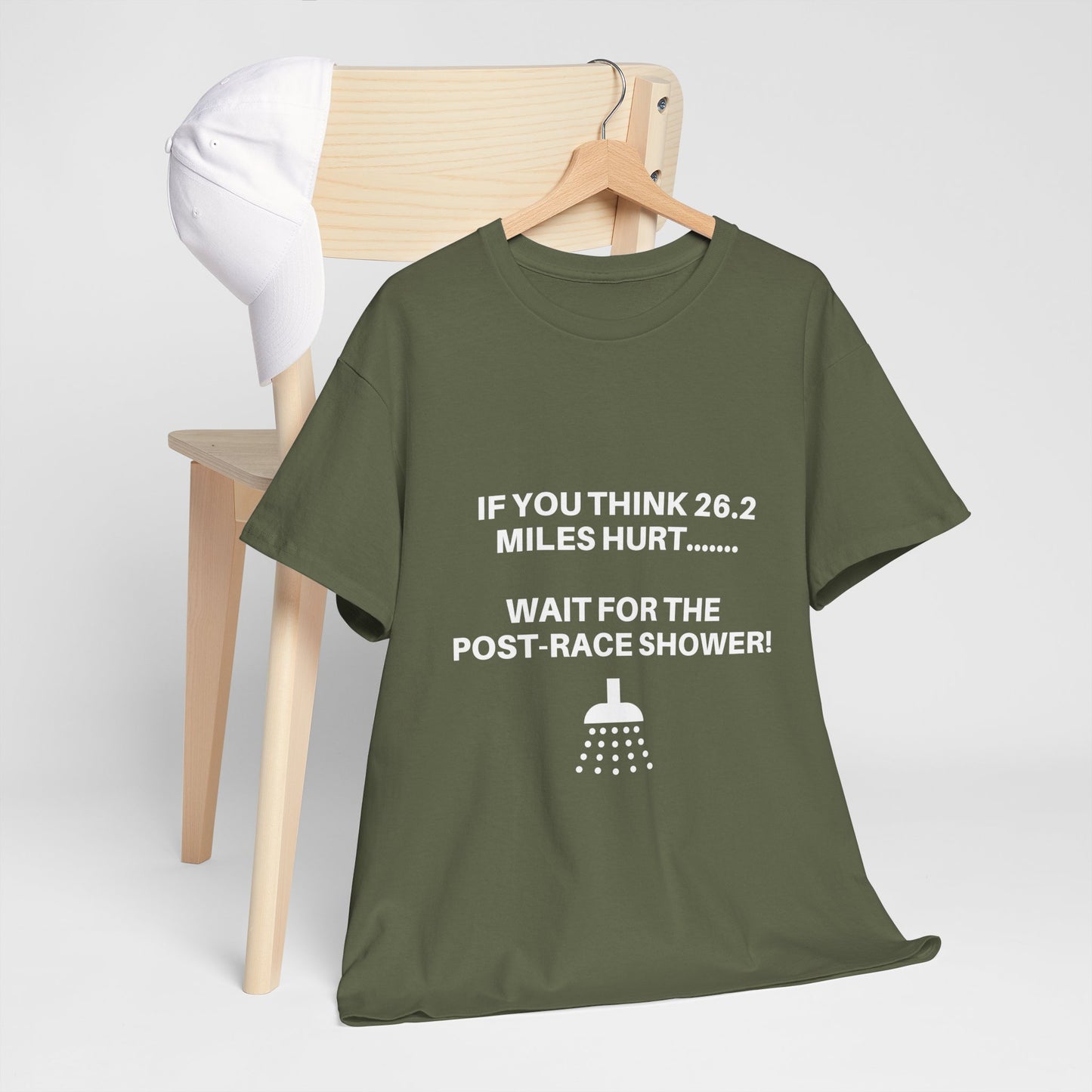 "Cotton tee featuring funny post-marathon shower warning"