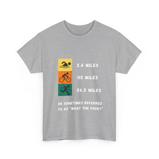"Triathlon t-shirt with humorous 'WTF' text about Ironman distances - grey"
