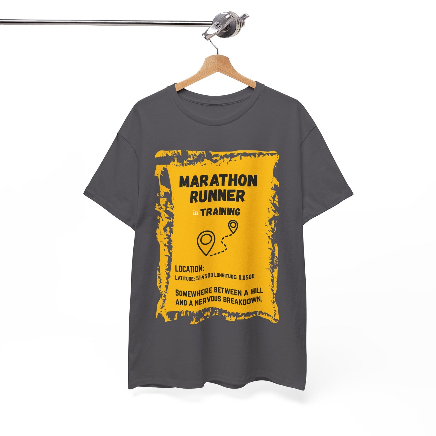 "Unisex classic fit t-shirt with humorous marathon training text about hills and breakdowns"