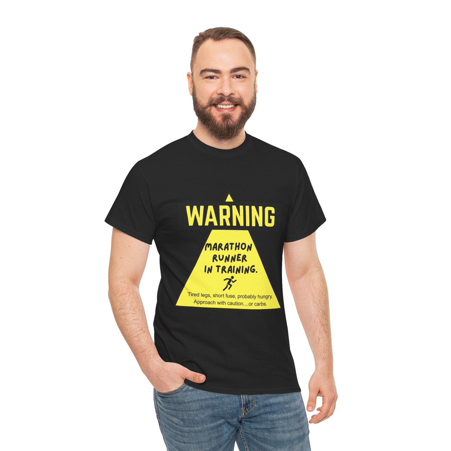 "Unisex t-shirt with warning text about marathon runner in training - tired legs, short fuse, probably hungry"