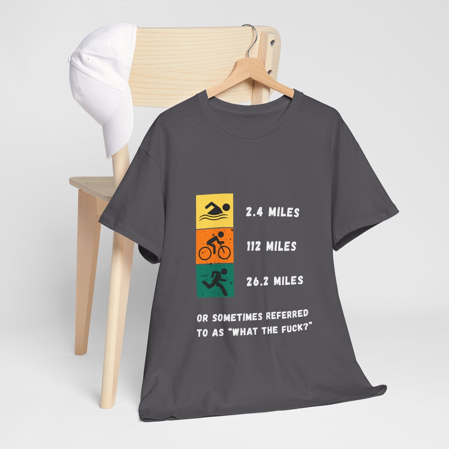 "Triathlon t-shirt with humorous 'WTF' text about Ironman distances - charcoal"