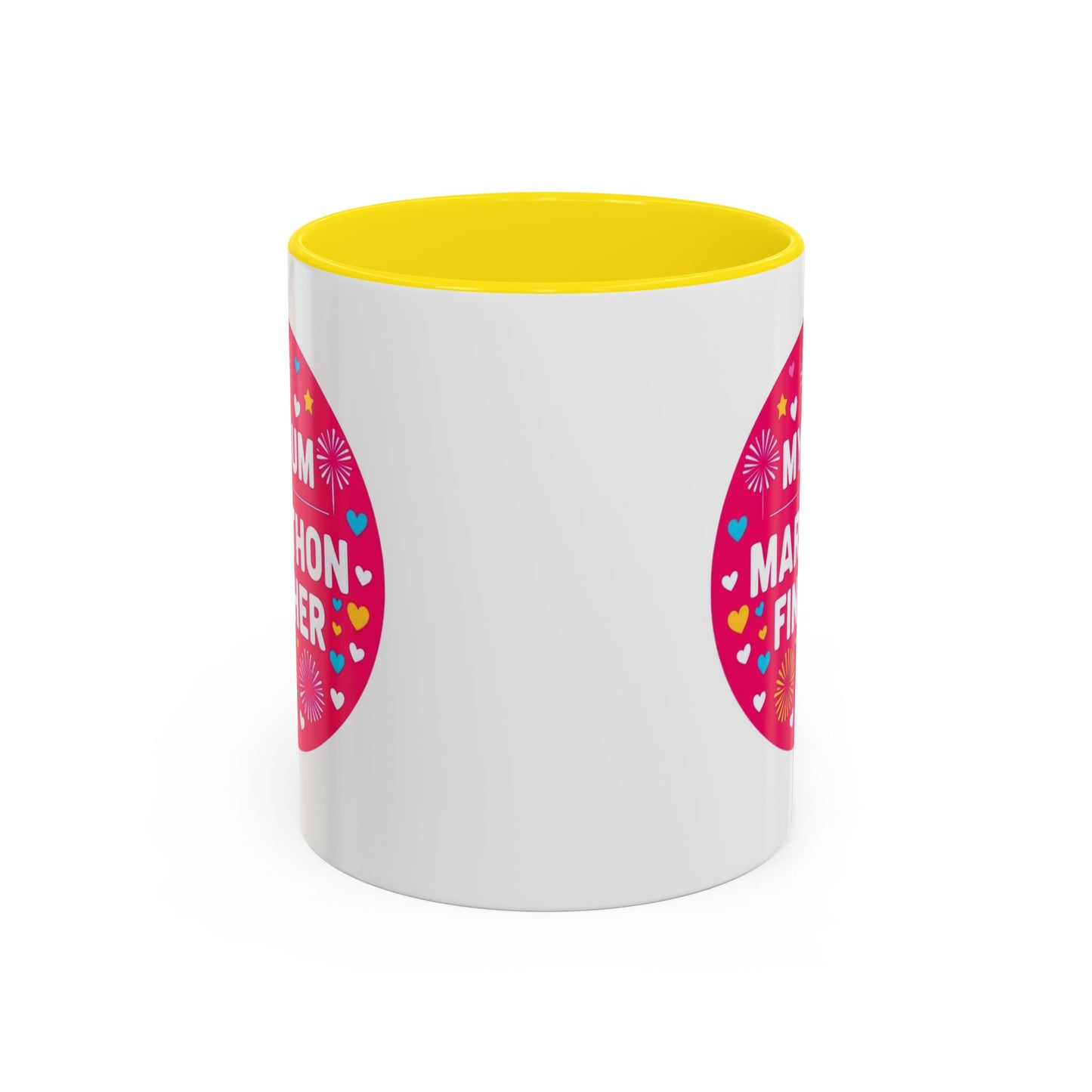 "Marathon Finisher Mum mug side view showing inspirational text design"