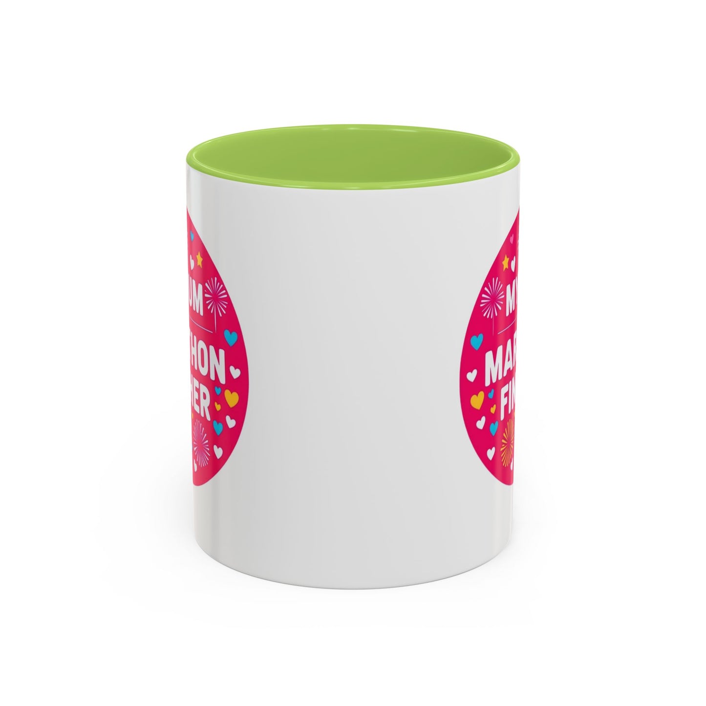 "Marathon Finisher Mum mug side view showing inspirational text design"