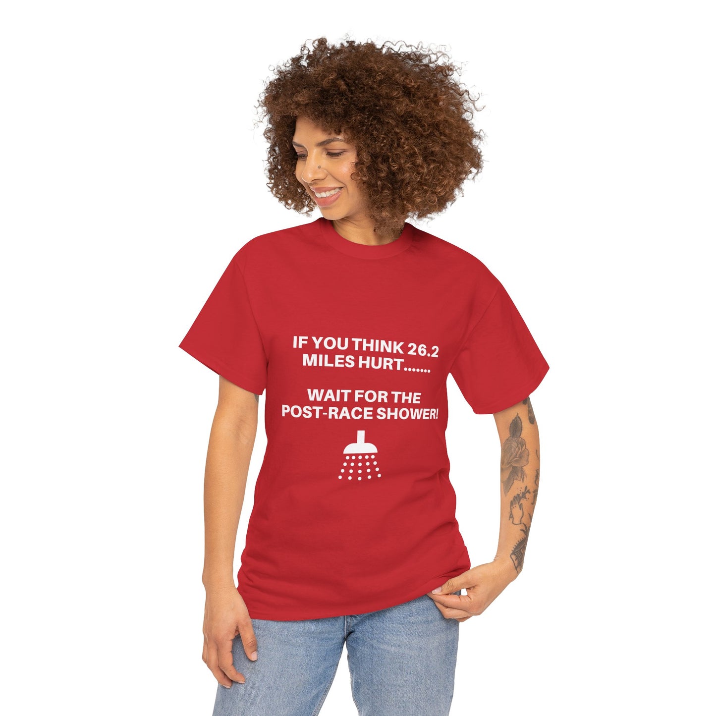 "Cotton tee featuring funny post-marathon shower warning"