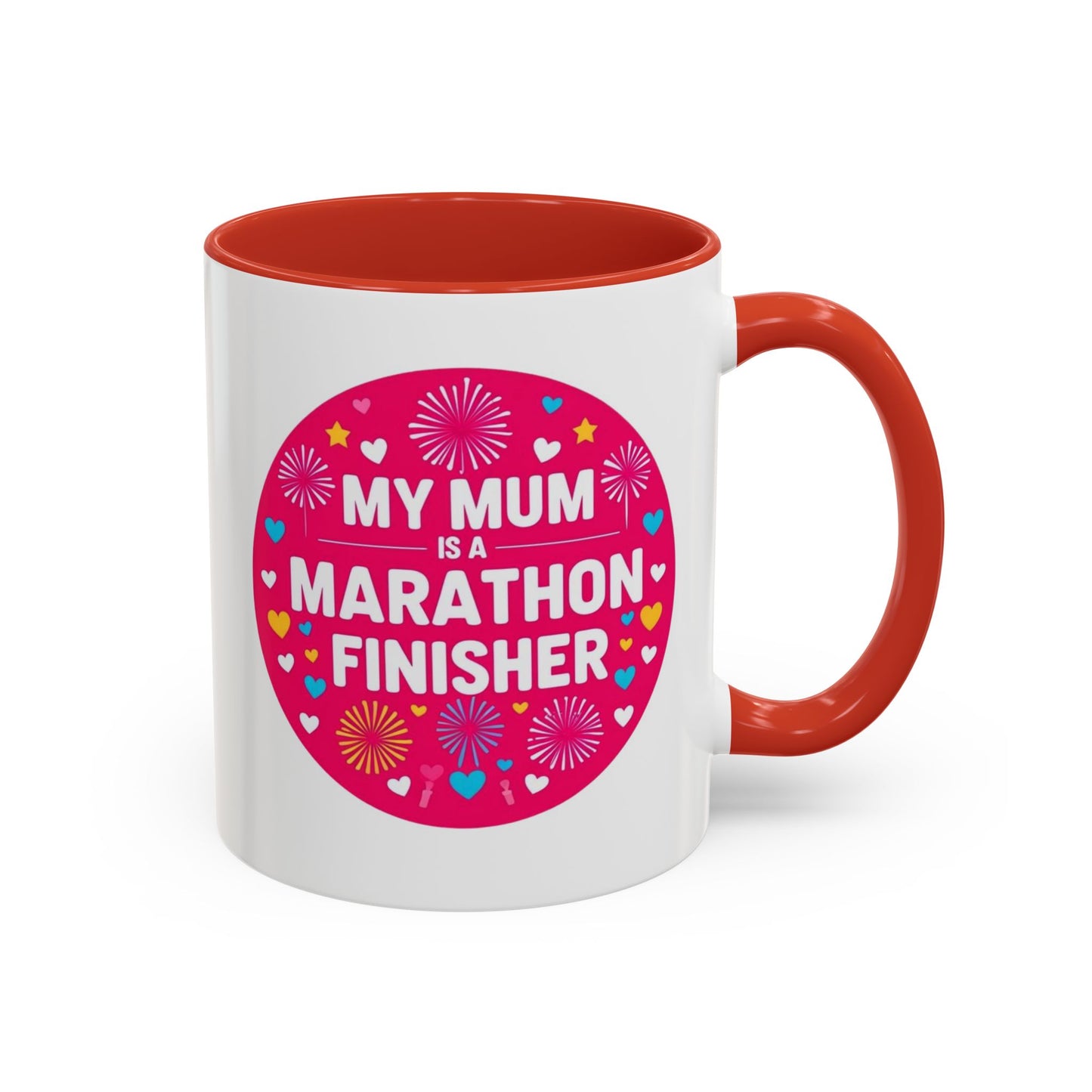 "Marathon Finisher Mum mug lifestyle shot with coffee and running accessories"