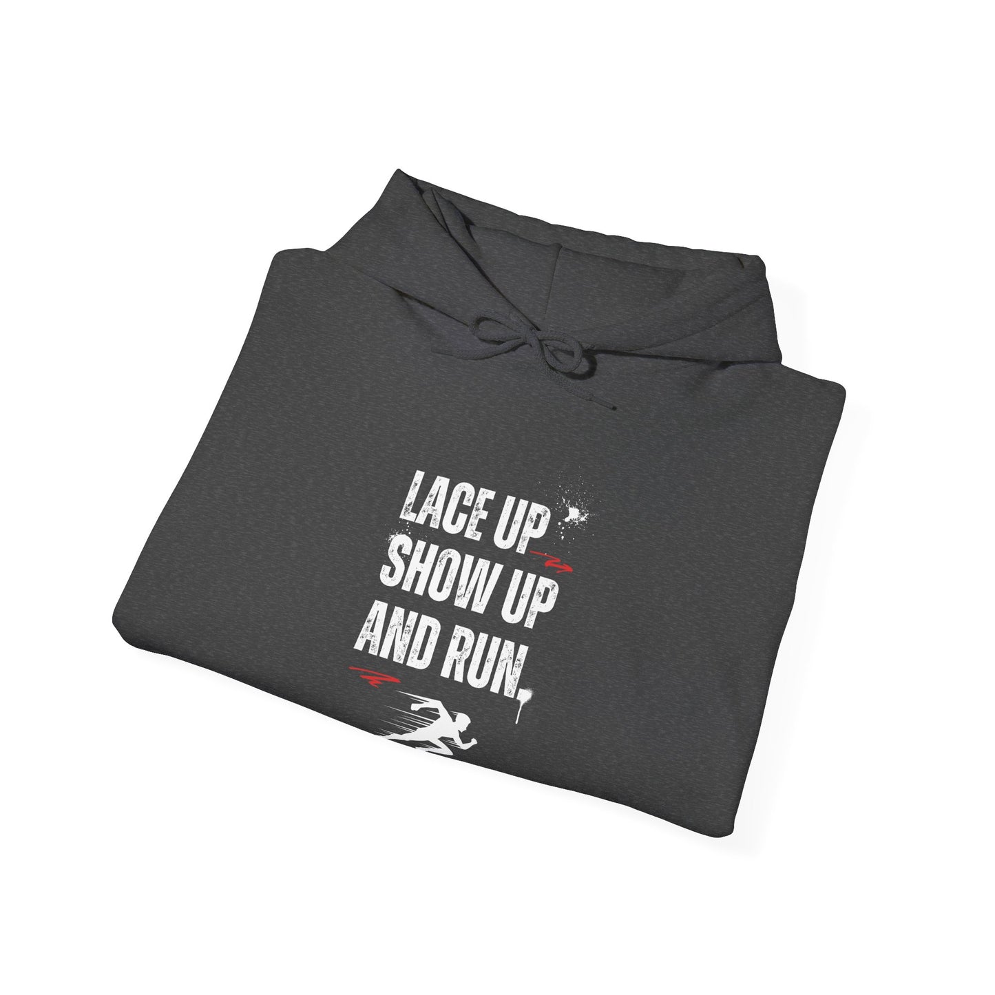 "Unisex heavy blend hoodie with motivational running text for athletes - folded view"