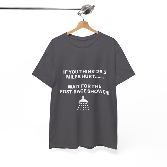 "Cotton tee featuring funny post-marathon shower warning"