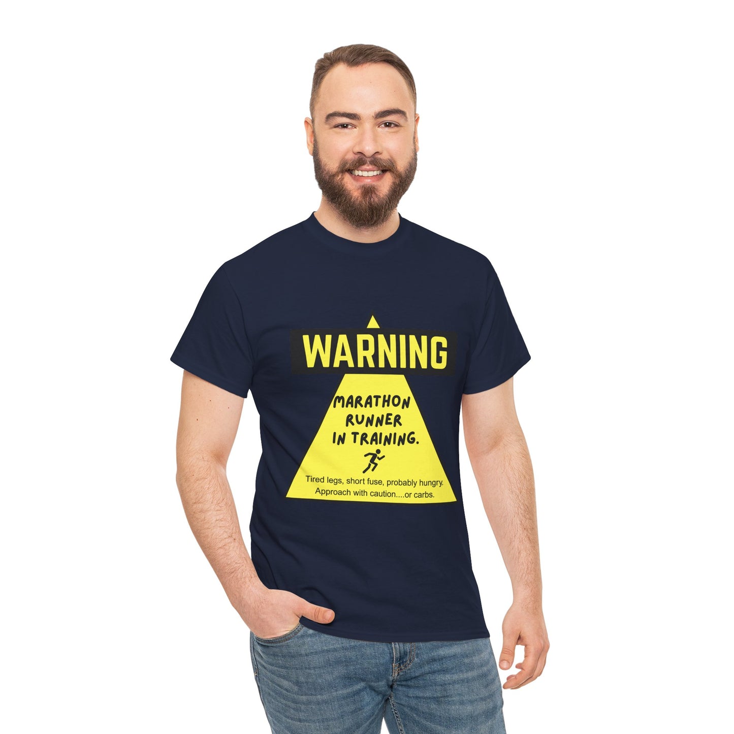 "Unisex t-shirt with warning text about marathon runner in training - tired legs, short fuse, probably hungry"