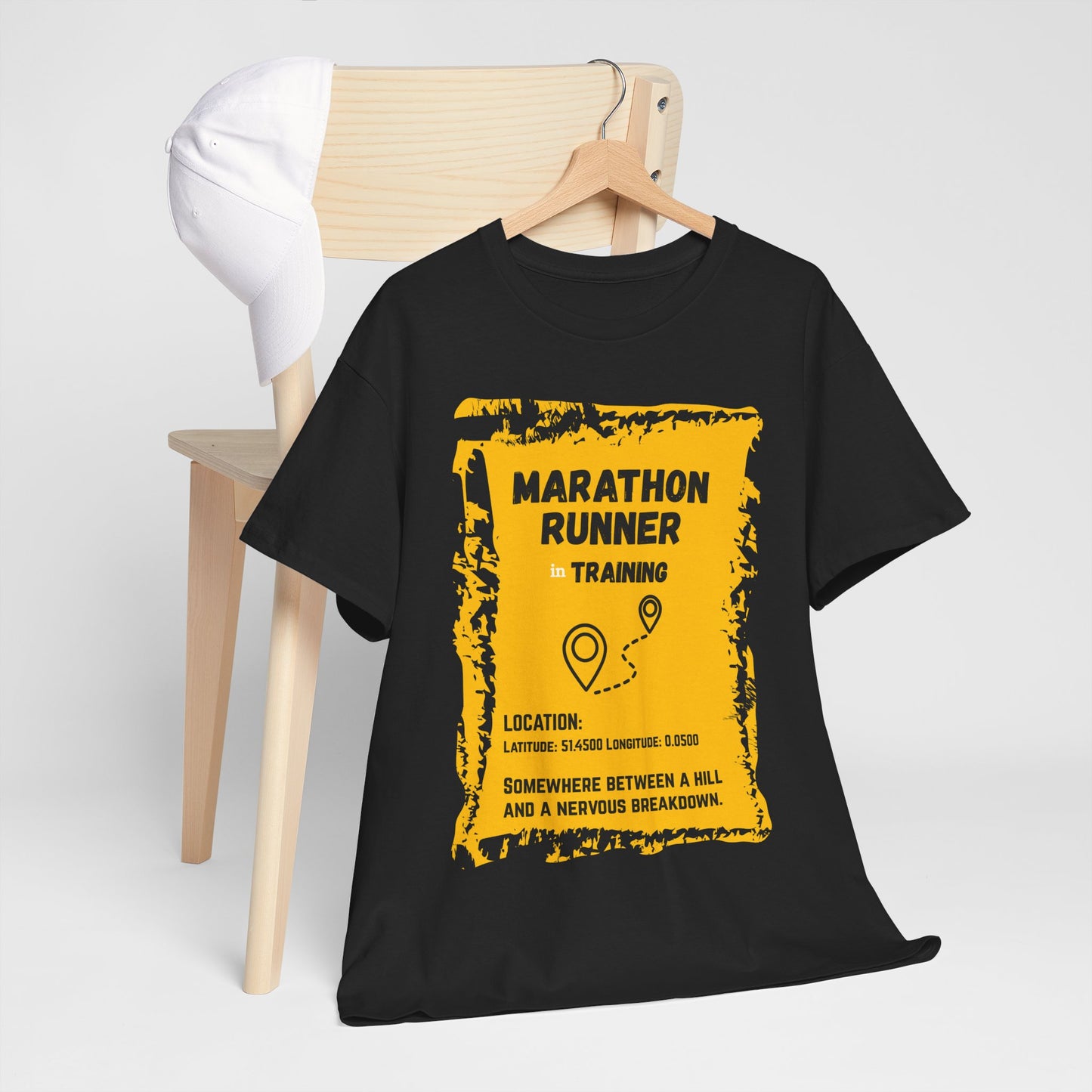 "Unisex classic fit t-shirt with humorous marathon training text about hills and breakdowns"