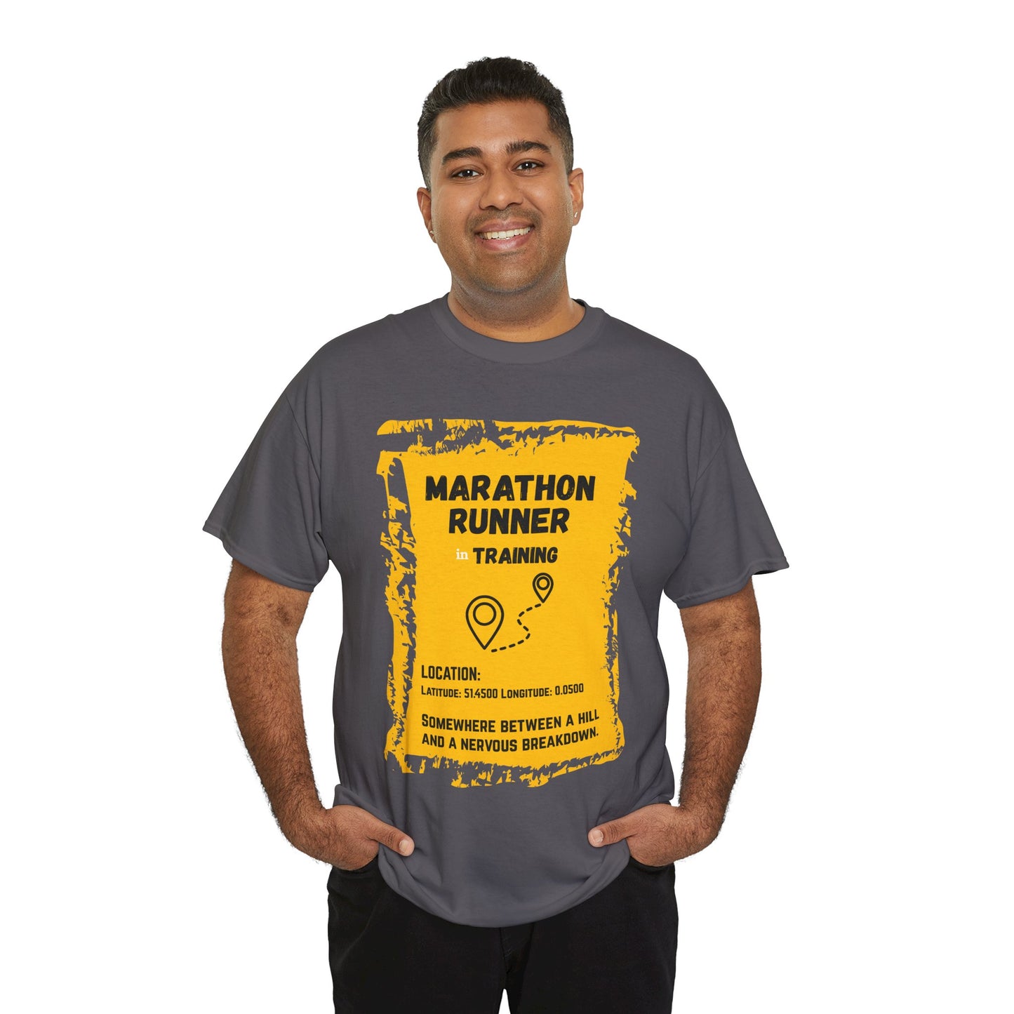 "Unisex classic fit t-shirt with humorous marathon training text about hills and breakdowns"