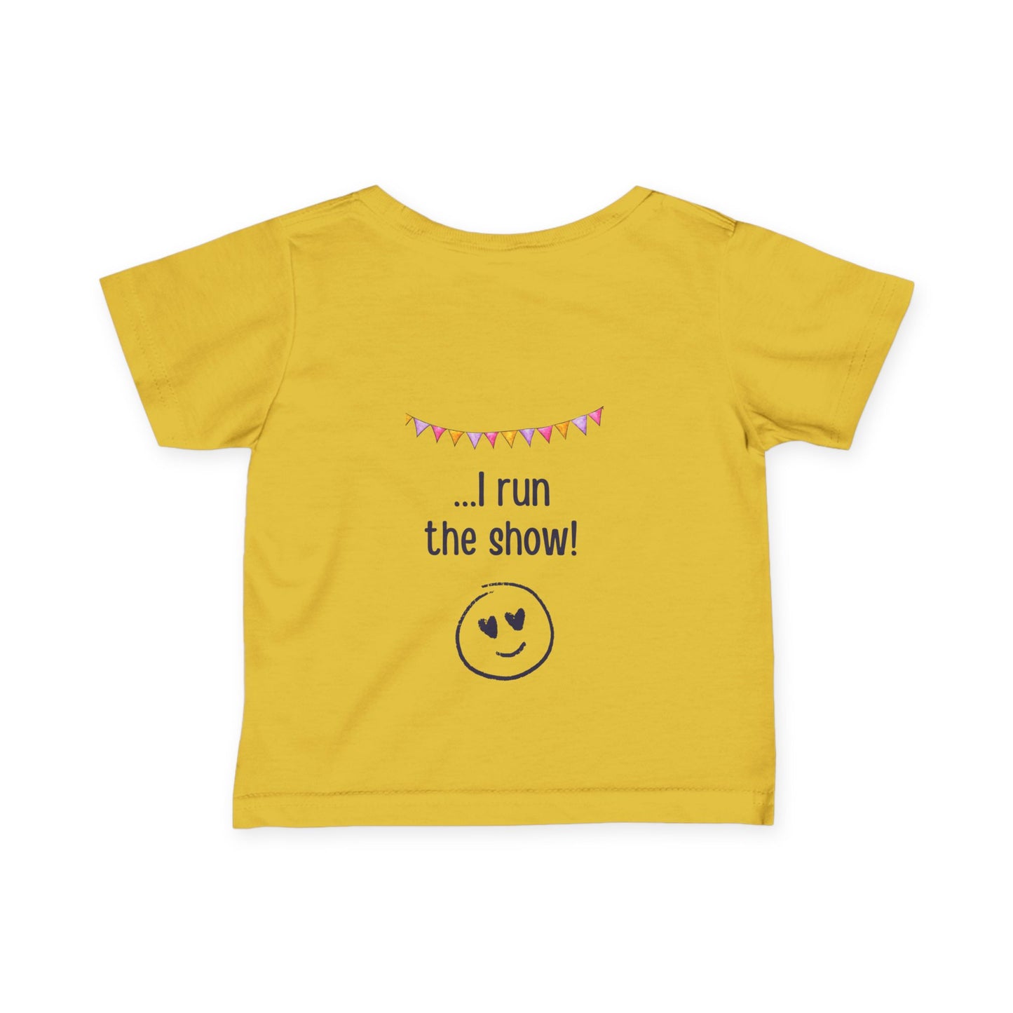 "Toddler t-shirt in yellow. Front text: My Mum runs marathons. Back: I run the show"