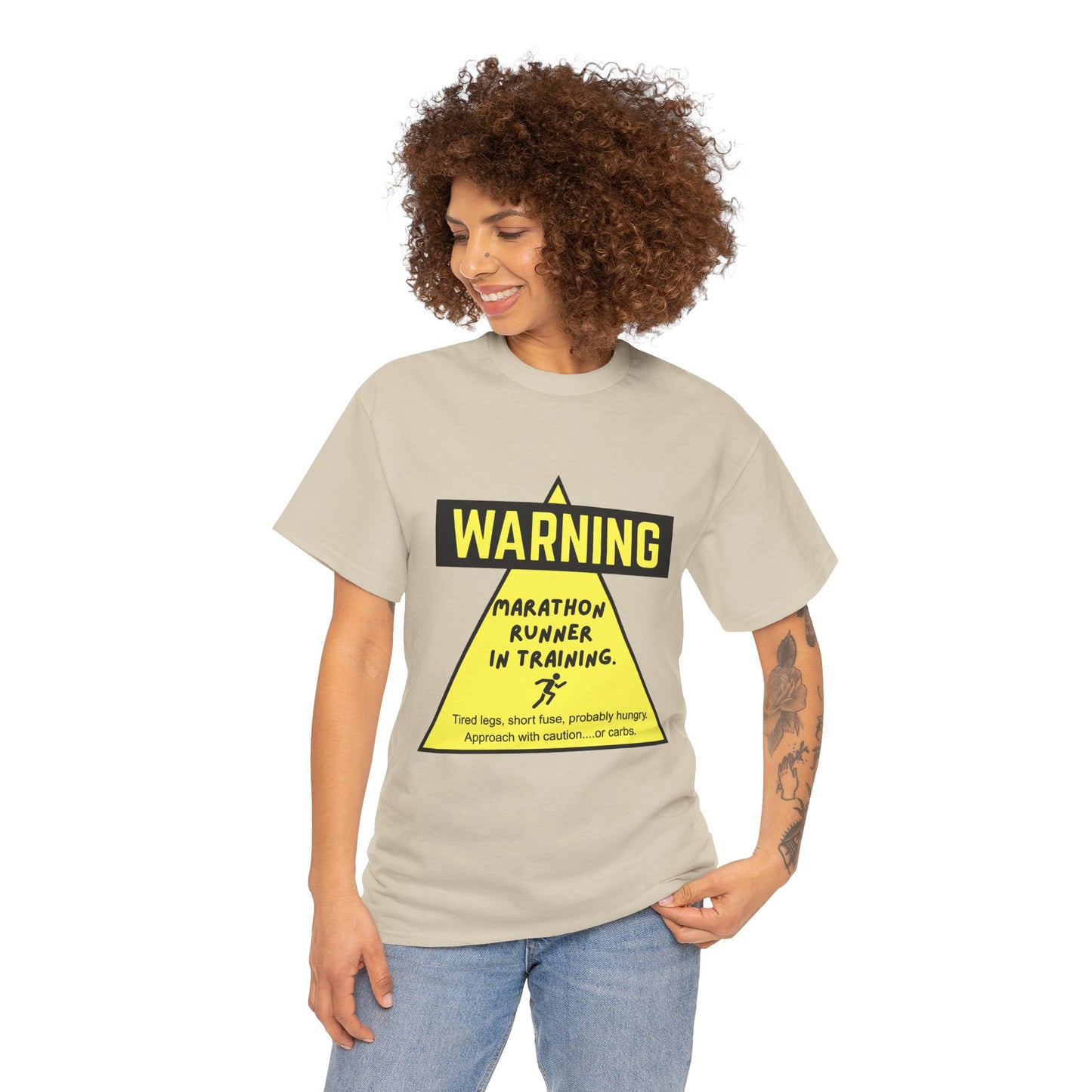 "Unisex t-shirt with warning text about marathon runner in training - tired legs, short fuse, probably hungry"