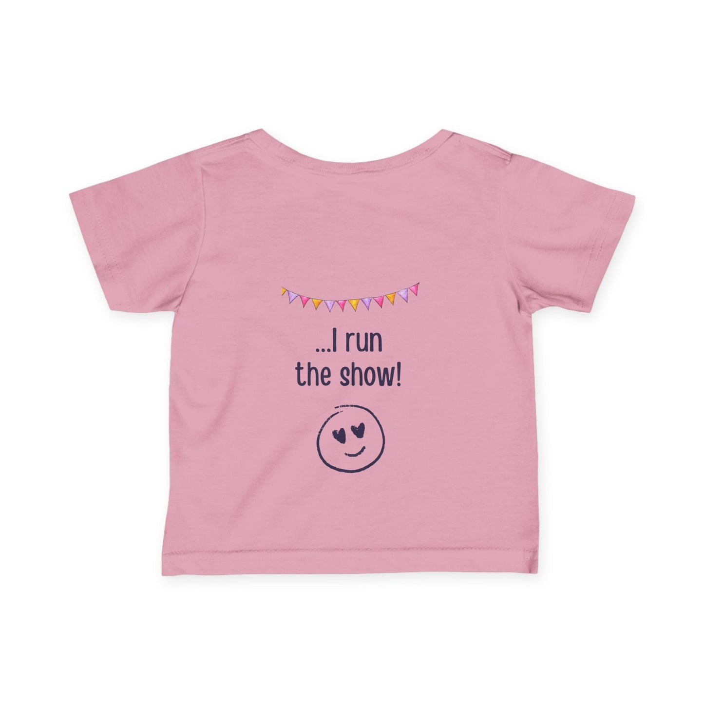 "Toddler t-shirt in pink. Front text: My Mum runs marathons. Back: I run the show"