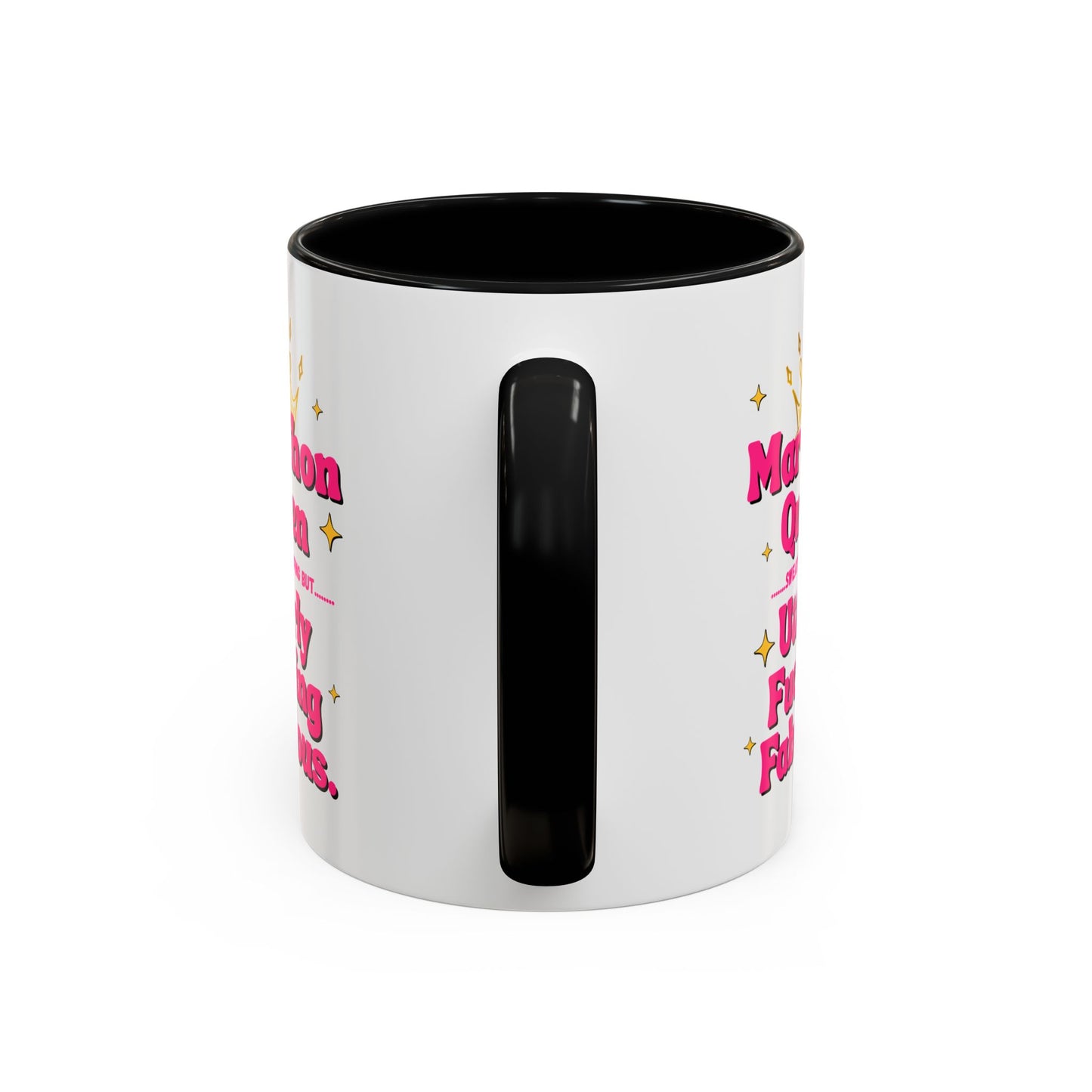 "Contrast coffee mug featuring empowering marathon queen text with attitude"