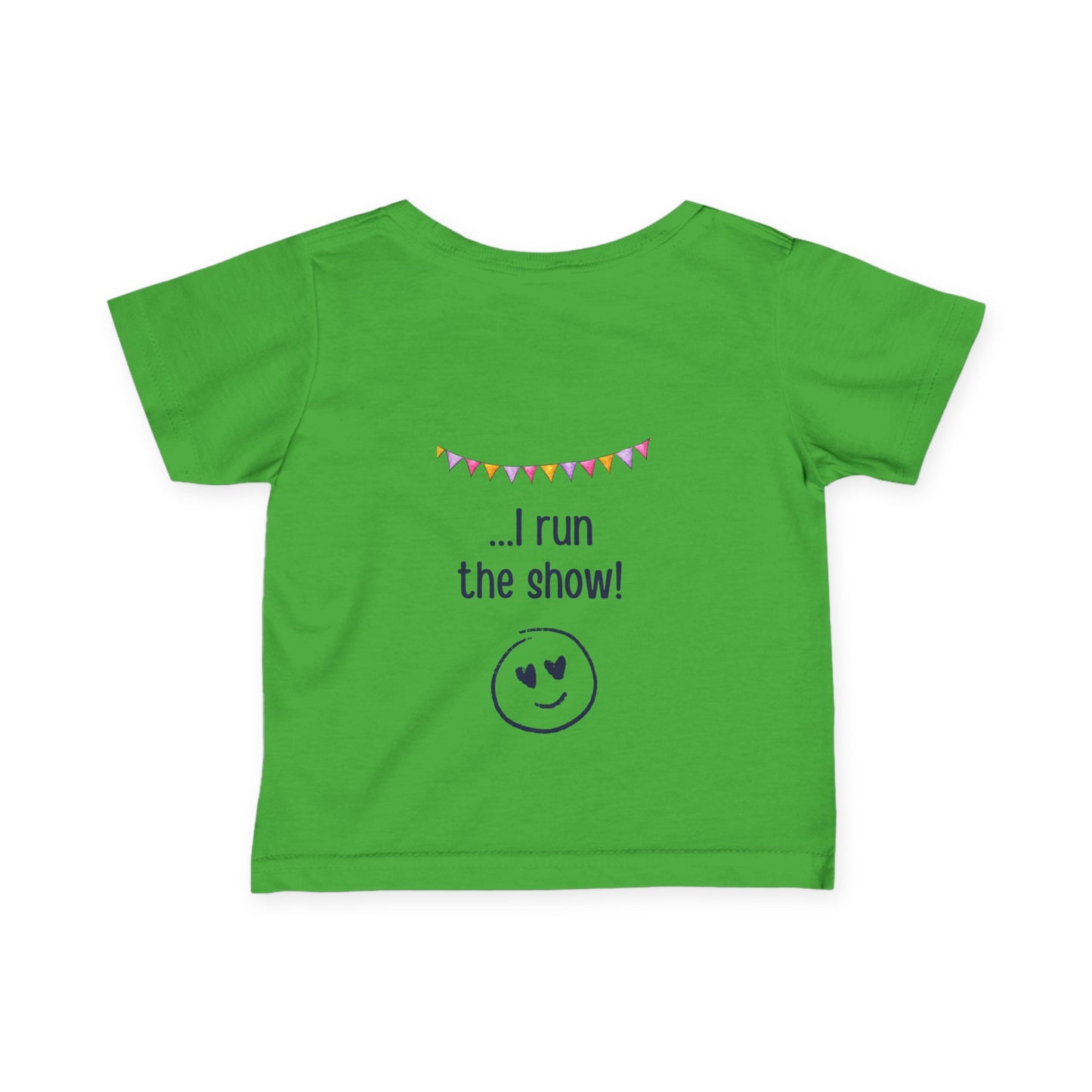 "Toddler t-shirt in green. Front text: My Mum runs marathons. Back: I run the show"