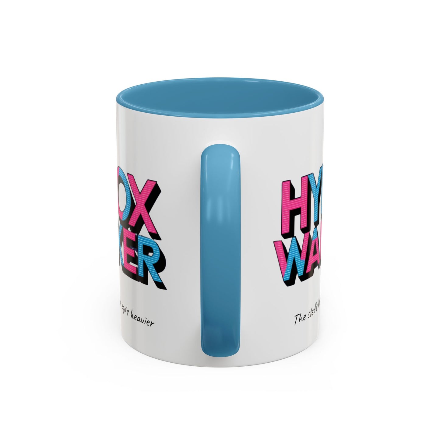 "White / blue ceramic mug with humorous HYROX training text about heavy sleds and egos"