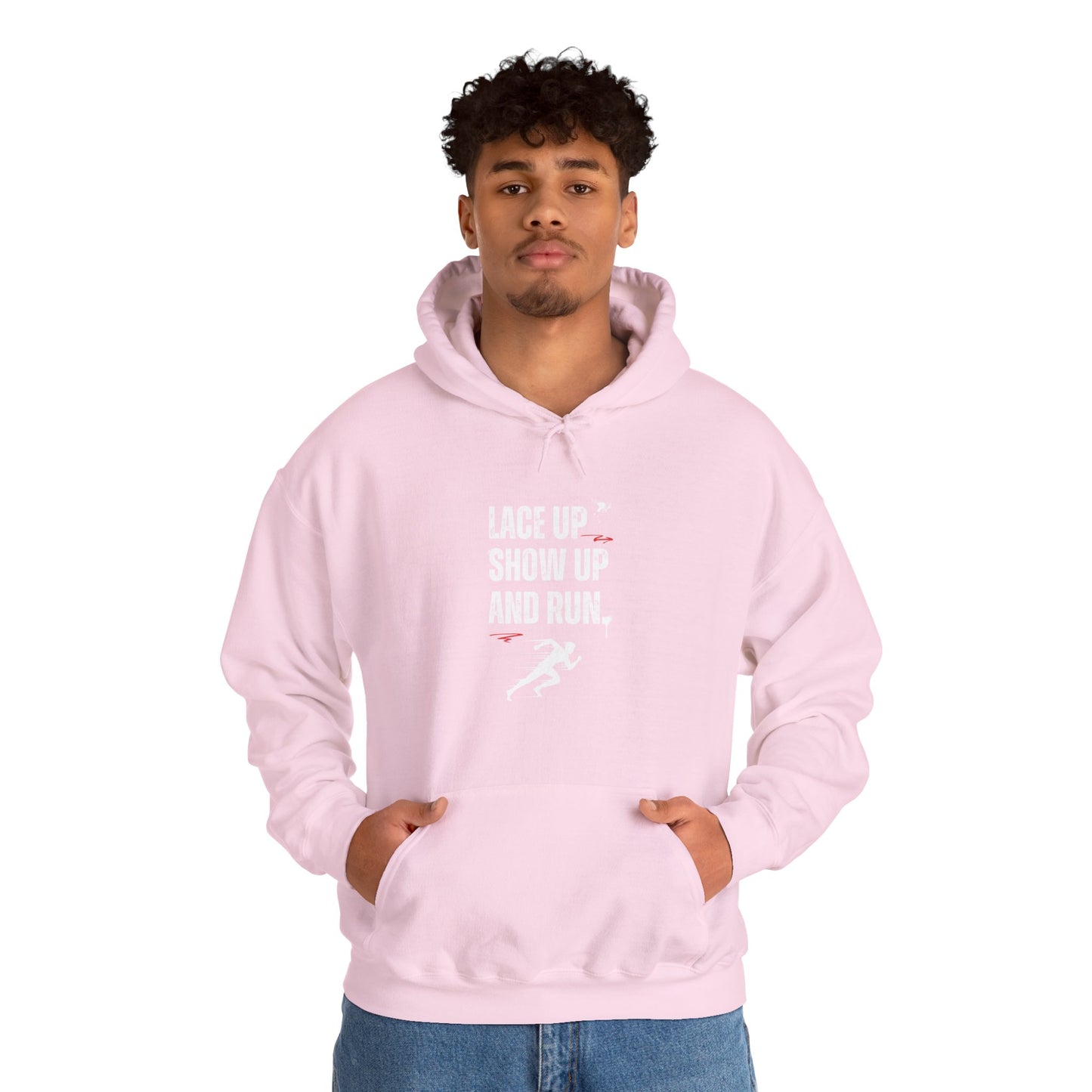"Unisex heavy blend hoodie with motivational running text for athletes - pink"