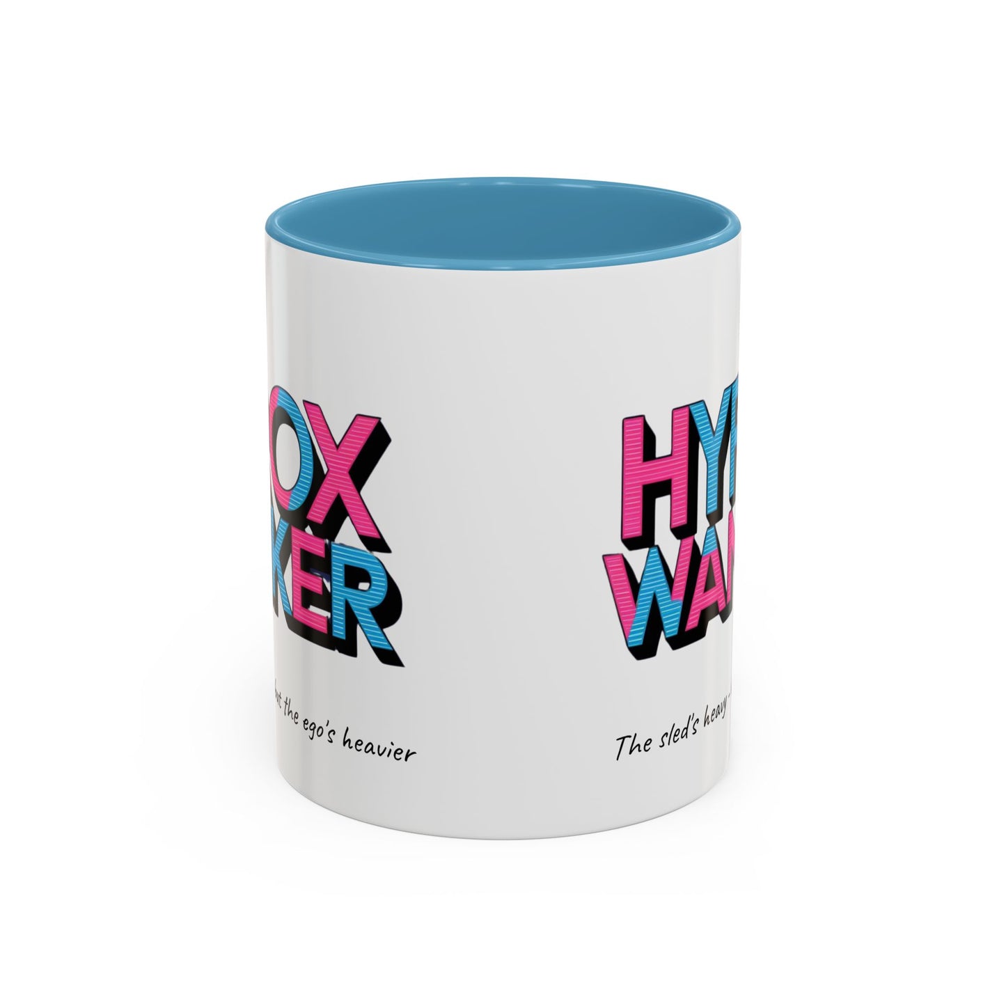 "White / blue ceramic mug with humorous HYROX training text about heavy sleds and egos"