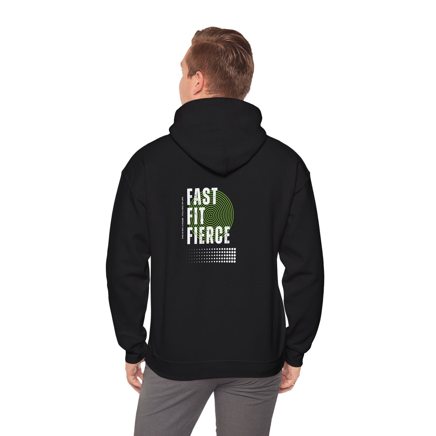"Unisex heavy blend hoodie with motivational running text for athletes - back view"