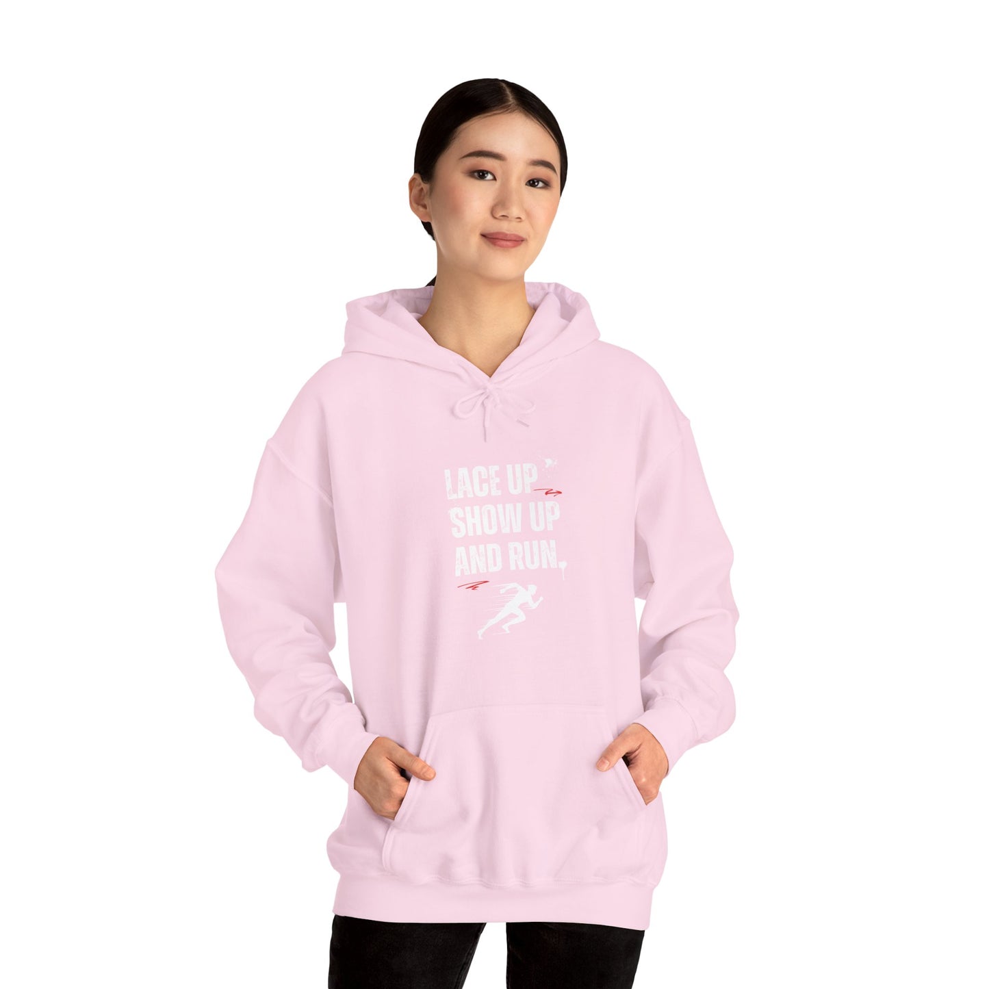 "Unisex heavy blend hoodie with motivational running text for athletes - pink"
