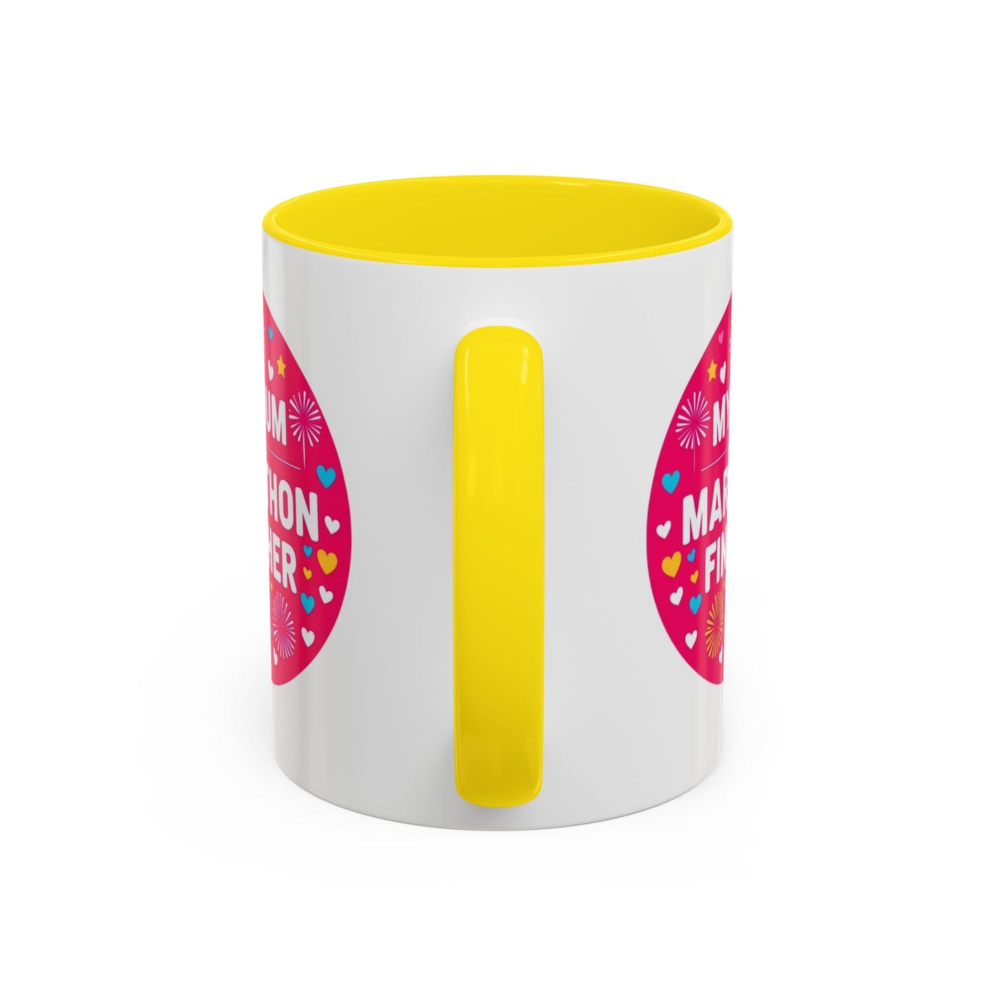 "Marathon Finisher Mum mug side view showing inspirational text design"