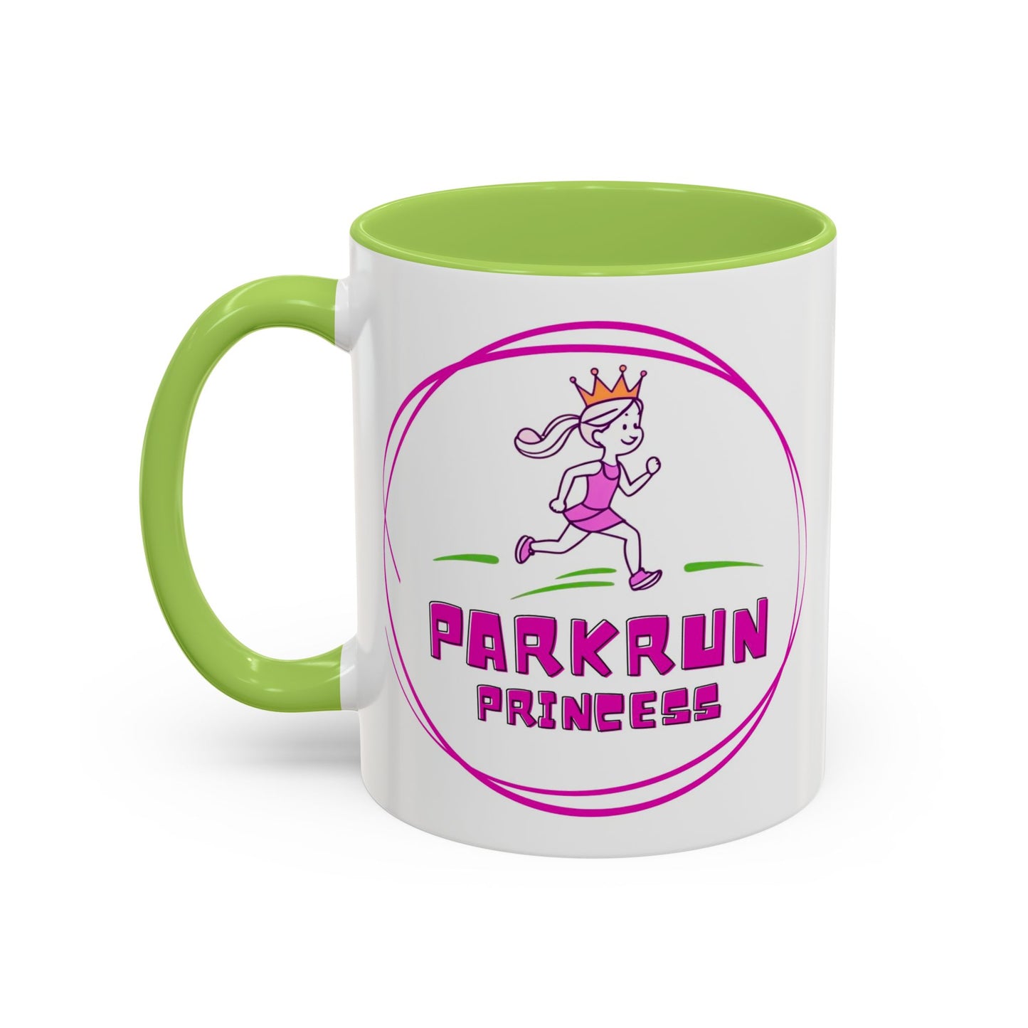 "White ceramic mug with 'Parkrun Princess' text design for running enthusiasts"