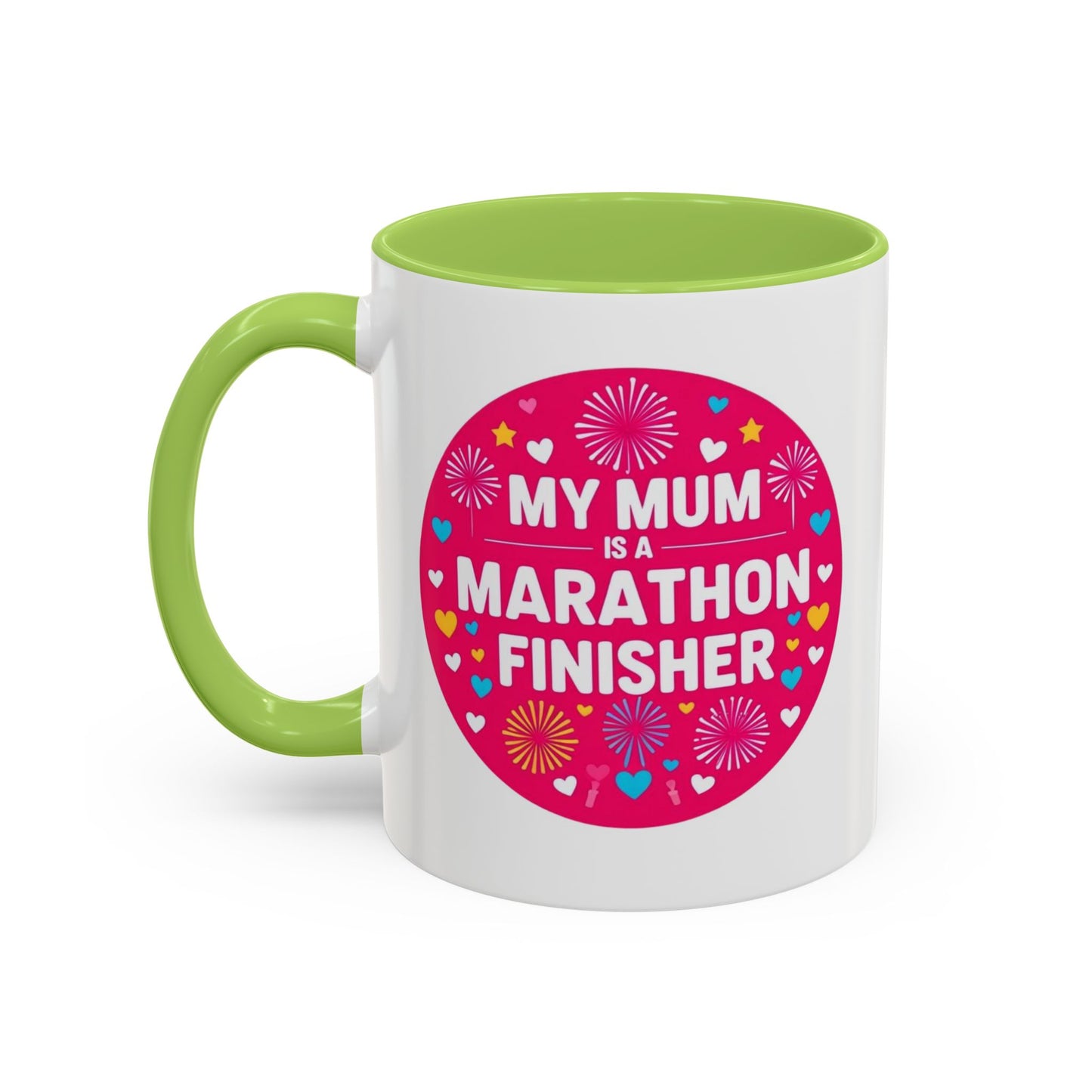 "White ceramic mug with 'Marathon Finisher Mum' text celebrating running mothers"