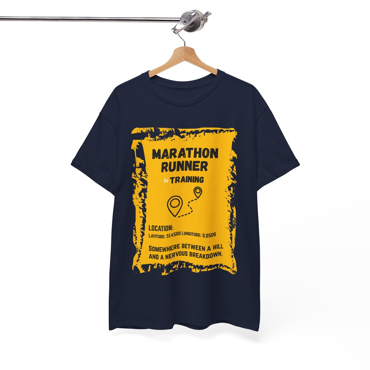 "Unisex classic fit t-shirt with humorous marathon training text about hills and breakdowns"
