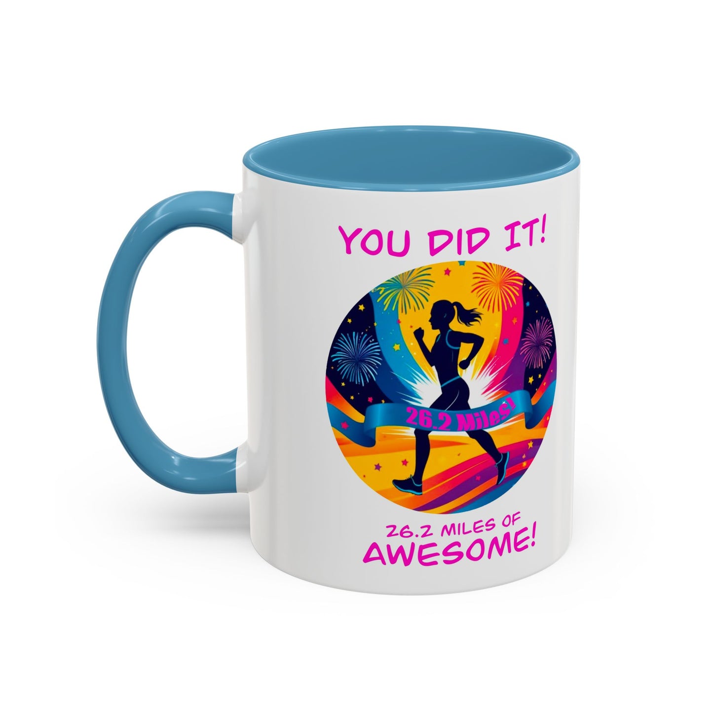 Blue /white contrast Marathon finisher coffee mug with inspirational finish line design"