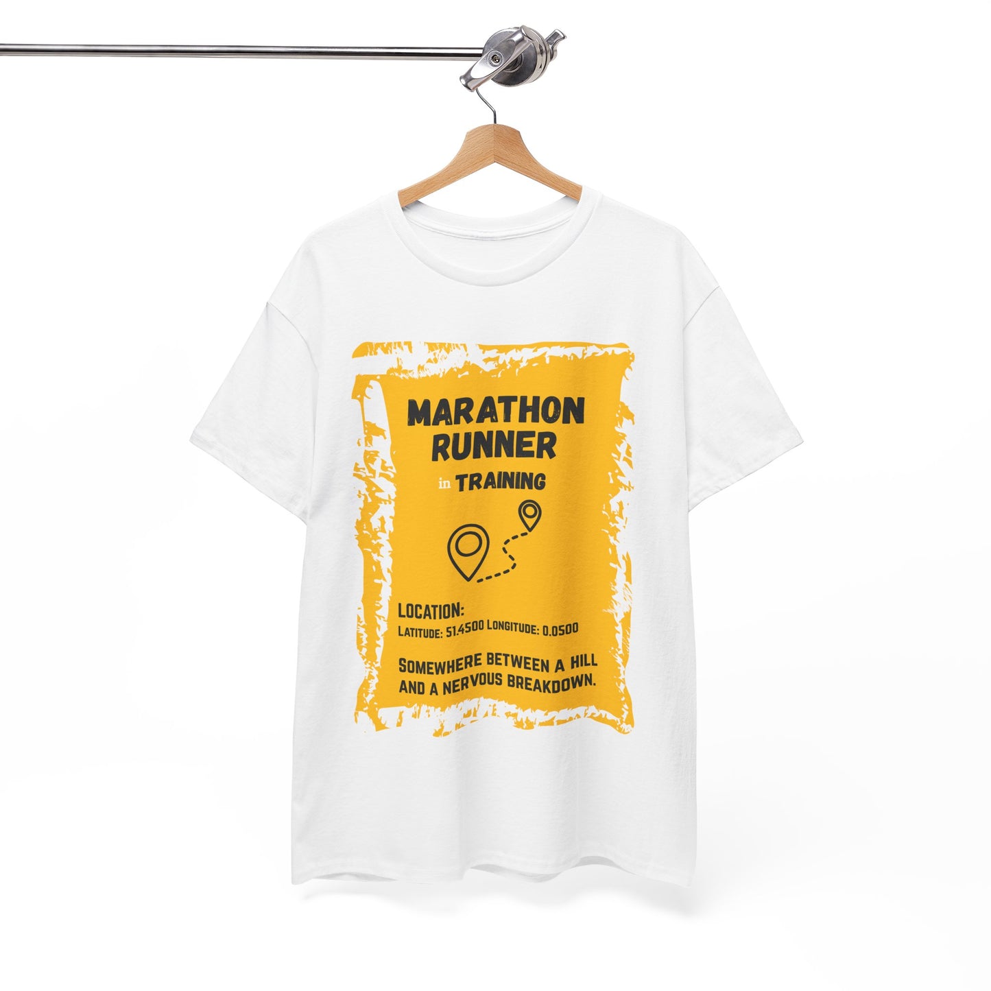 "Unisex classic fit t-shirt with humorous marathon training text about hills and breakdowns"