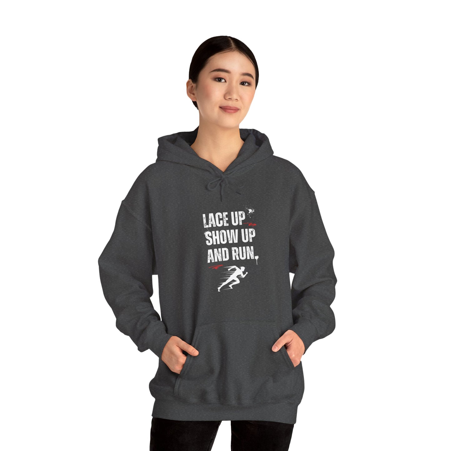 "Unisex heavy blend hoodie with motivational running text for athletes"