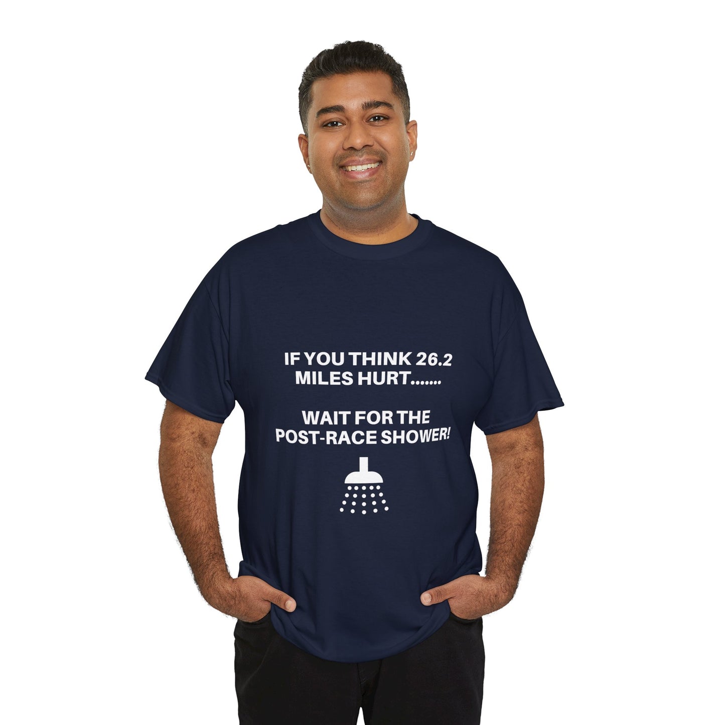 "Cotton tee featuring funny post-marathon shower warning"