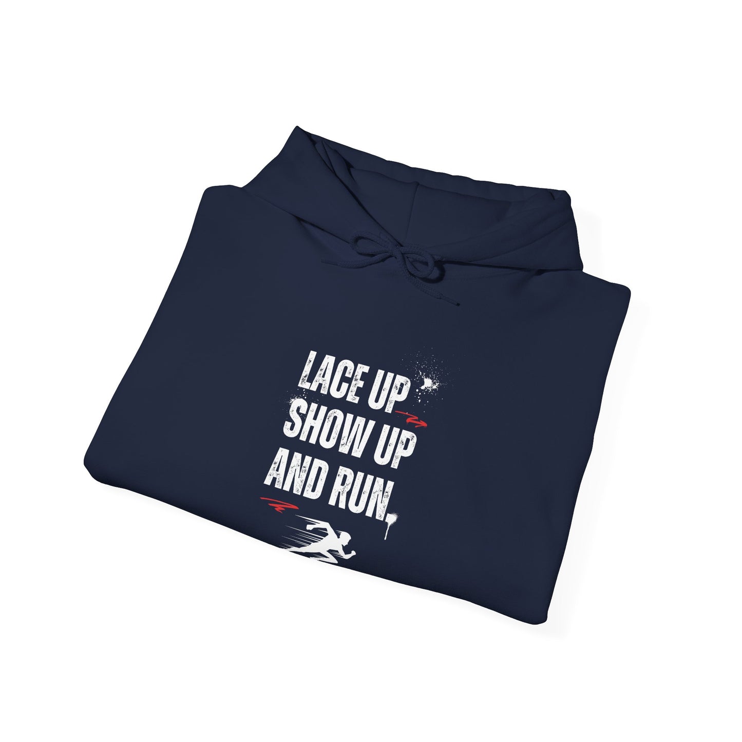"Unisex heavy blend hoodie with motivational running text for athletes - navy folded view"