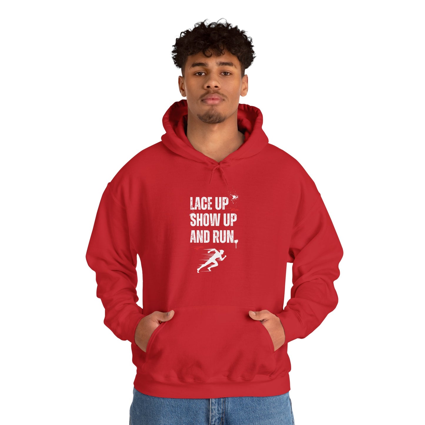 "Unisex heavy blend hoodie with motivational running text for athletes - red"