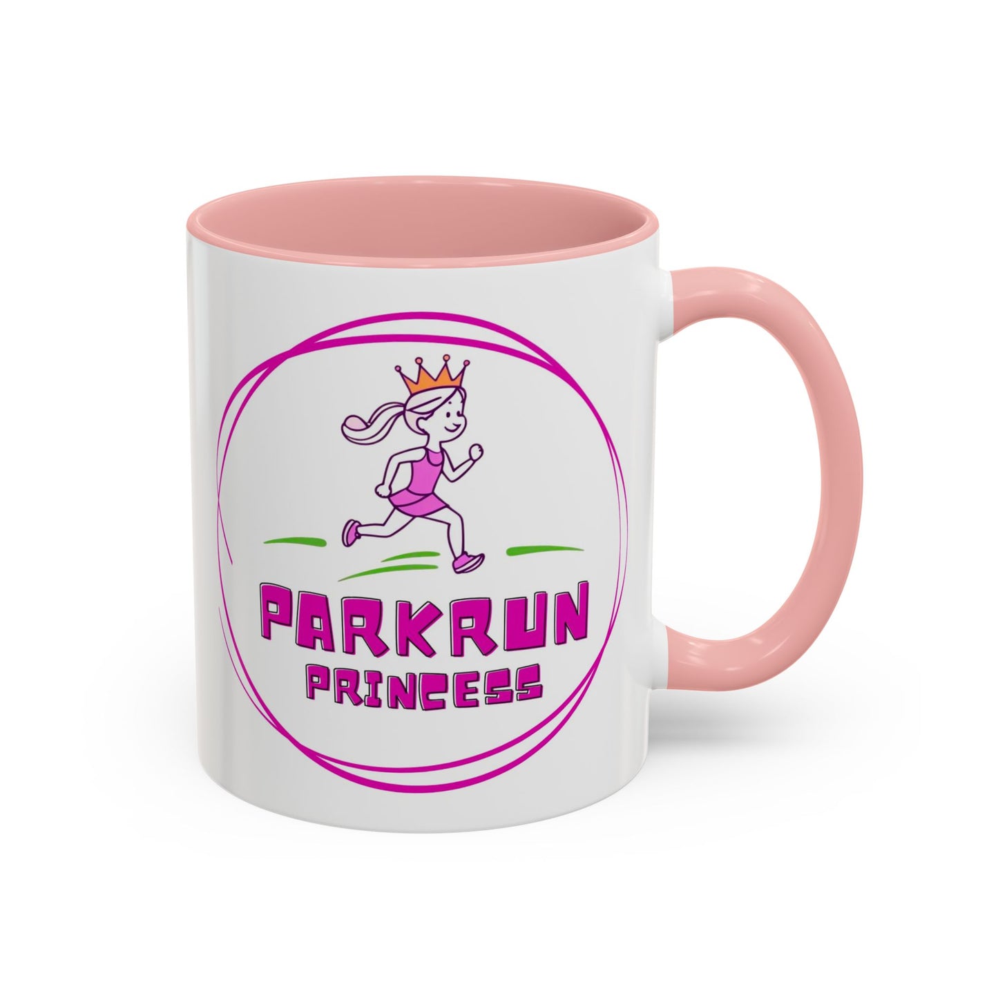 "White ceramic mug with 'Parkrun Princess' text design for running enthusiasts"