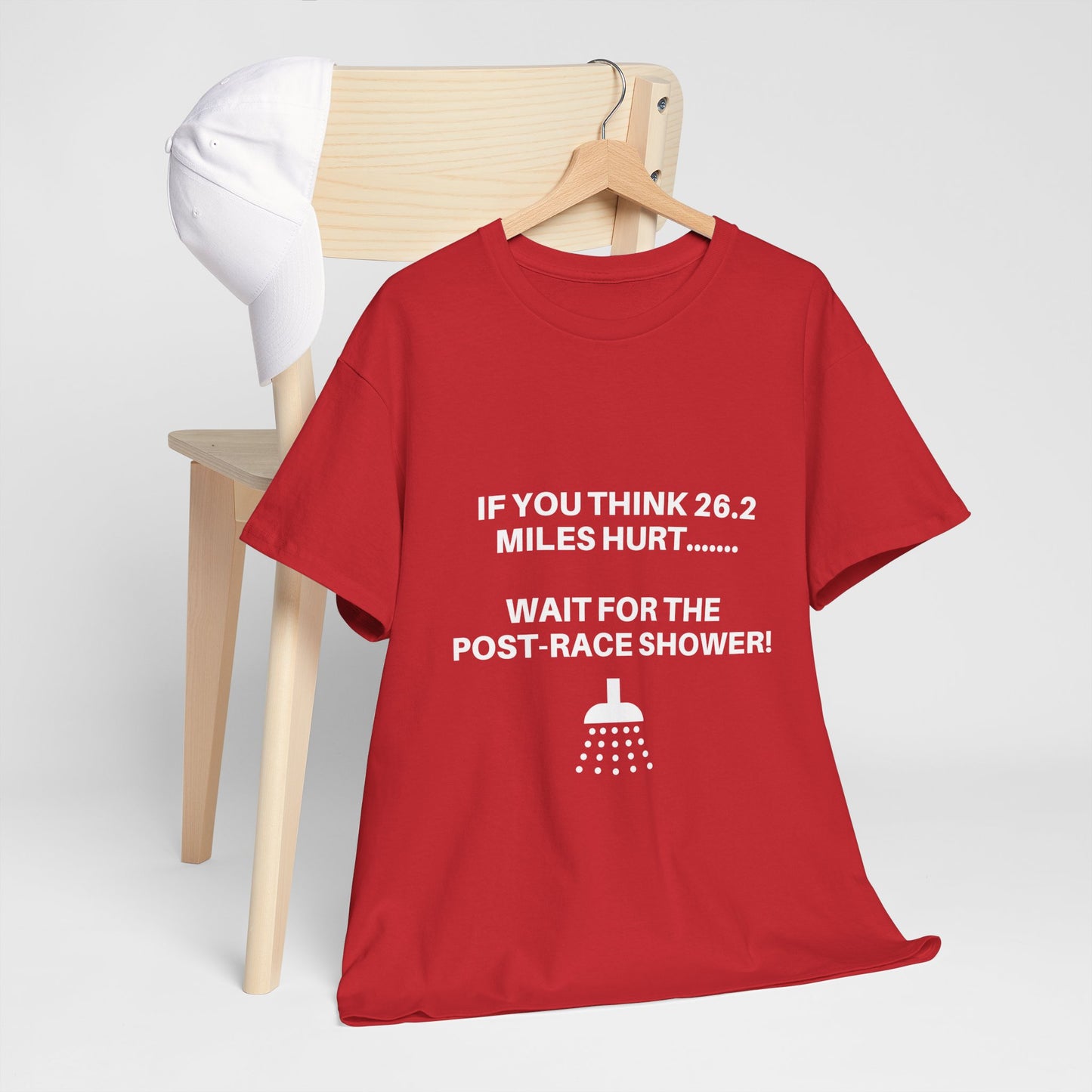 "Cotton tee featuring funny post-marathon shower warning"