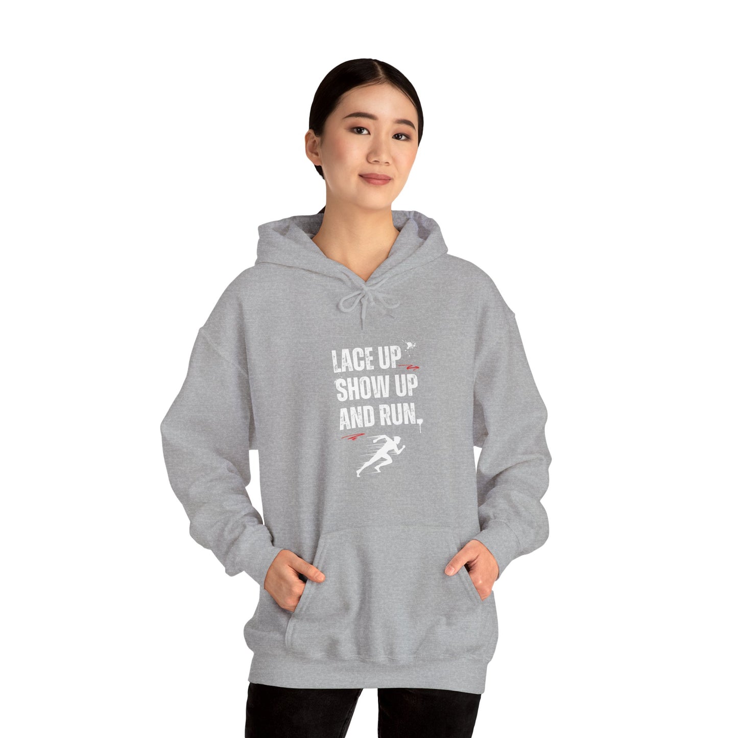 "Unisex heavy blend hoodie with motivational running text for athletes - grey"
