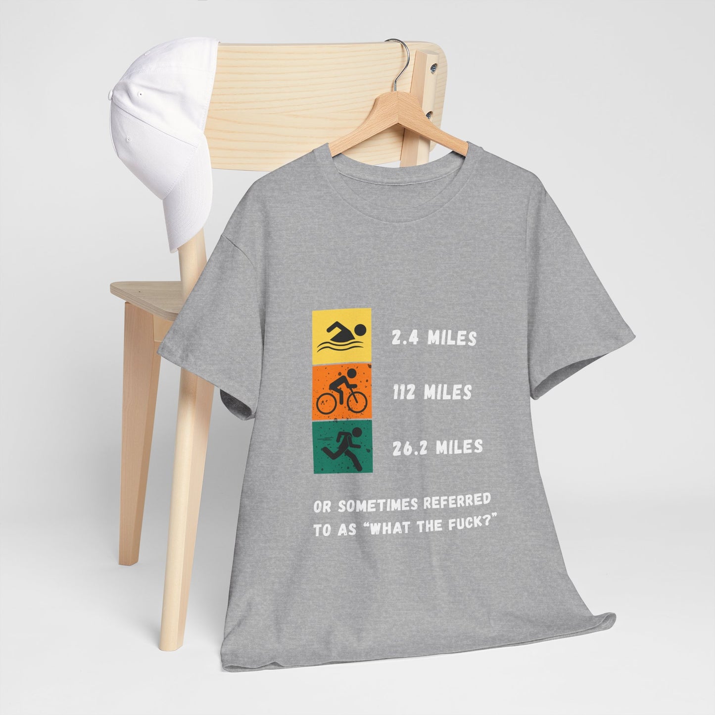 "Triathlon t-shirt with humorous 'WTF' text about Ironman distances - grey"