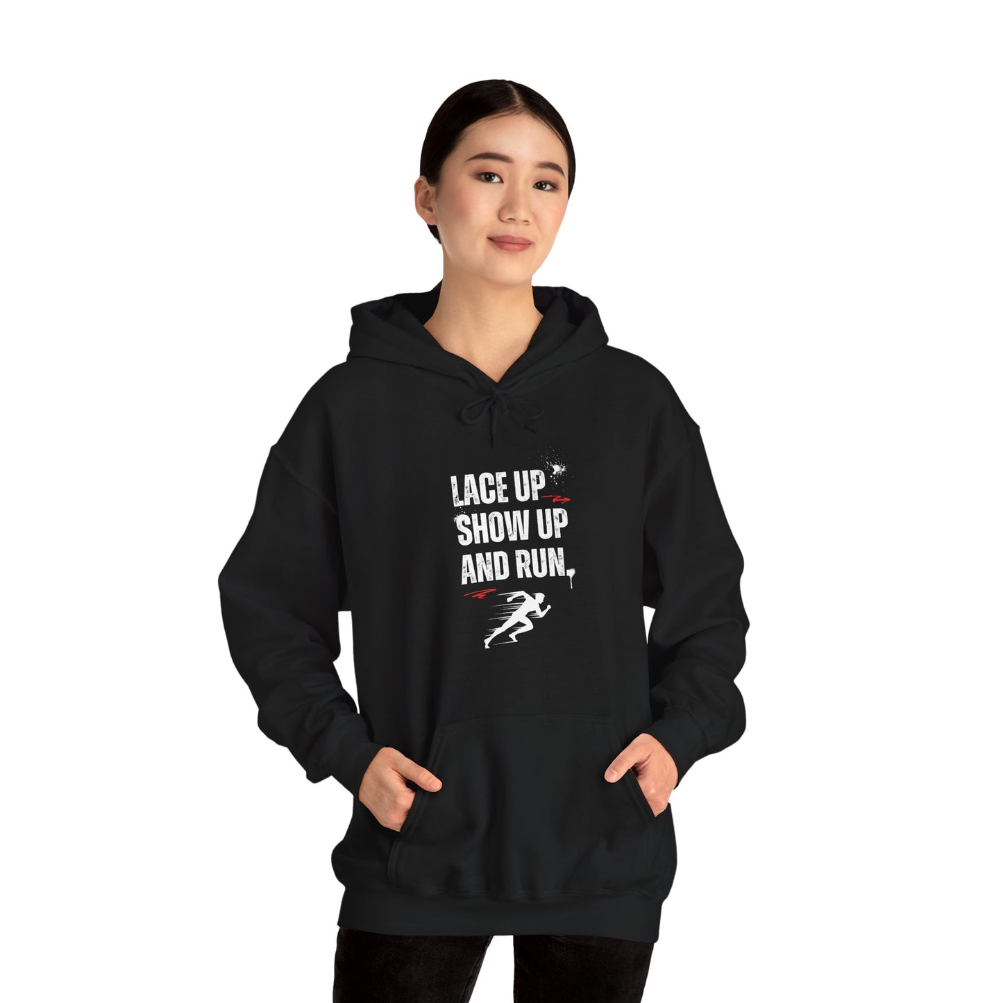 "Unisex heavy blend hoodie with motivational running text for athletes"