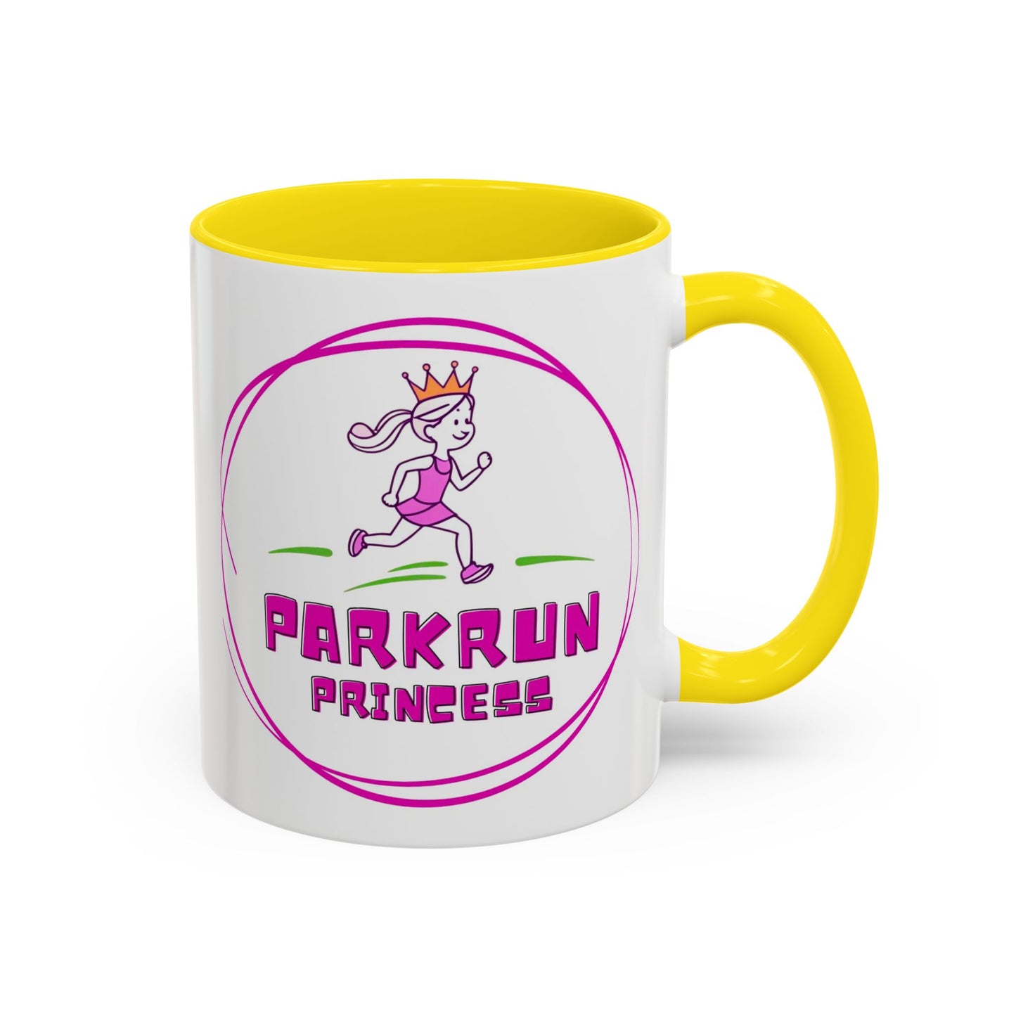 "White ceramic mug with 'Parkrun Princess' text design for running enthusiasts"