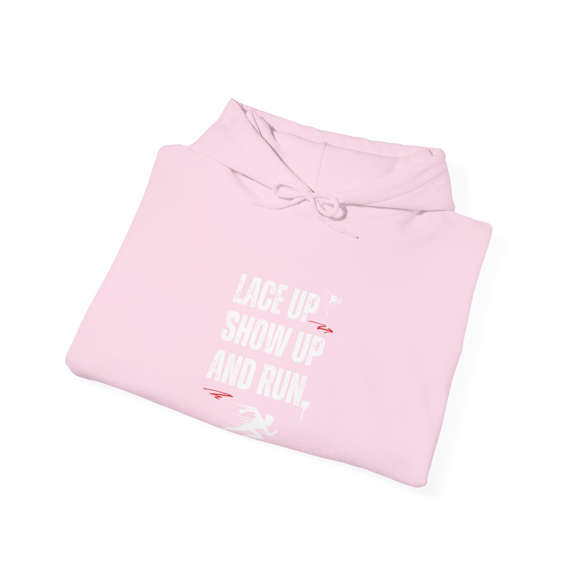 "Unisex heavy blend hoodie with motivational running text for athletes - pink" folded view