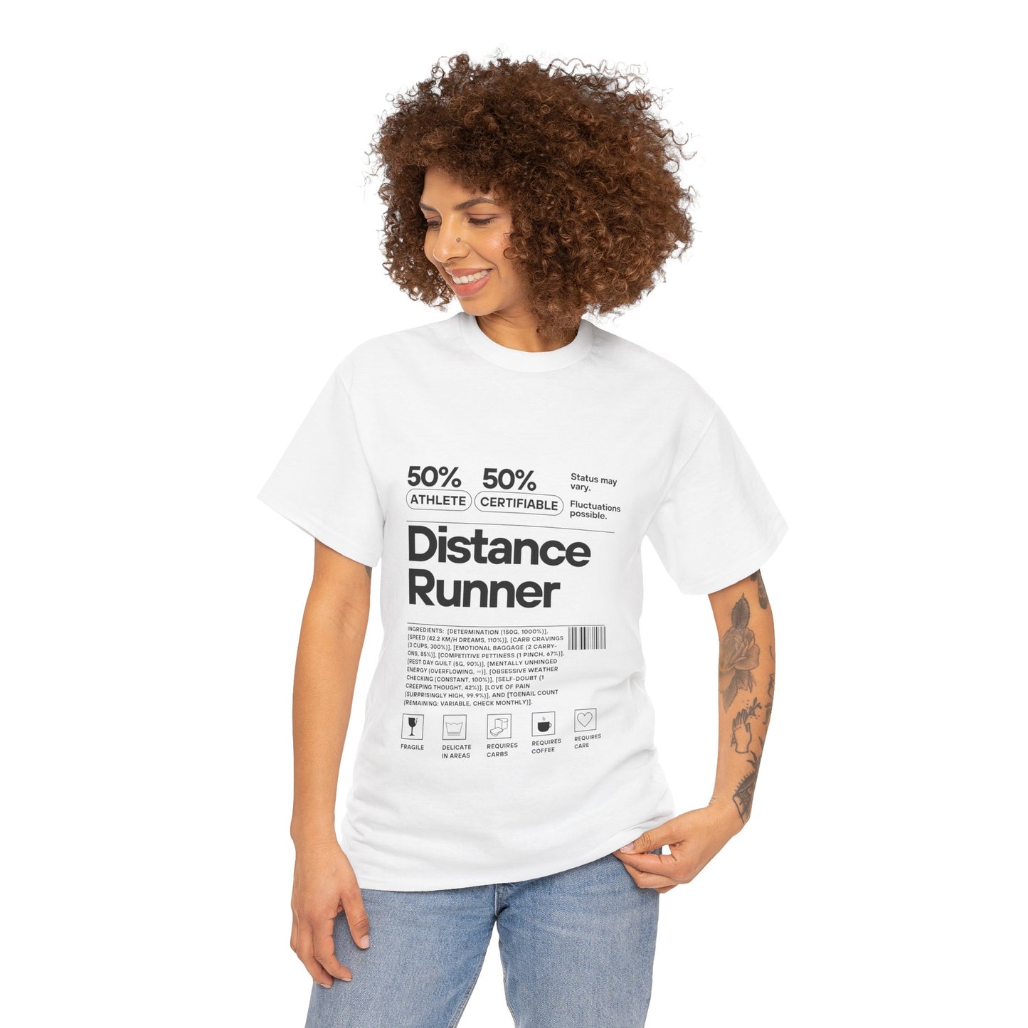  "Cotton tee featuring 50% athlete 50% certifiable distance runner humour"