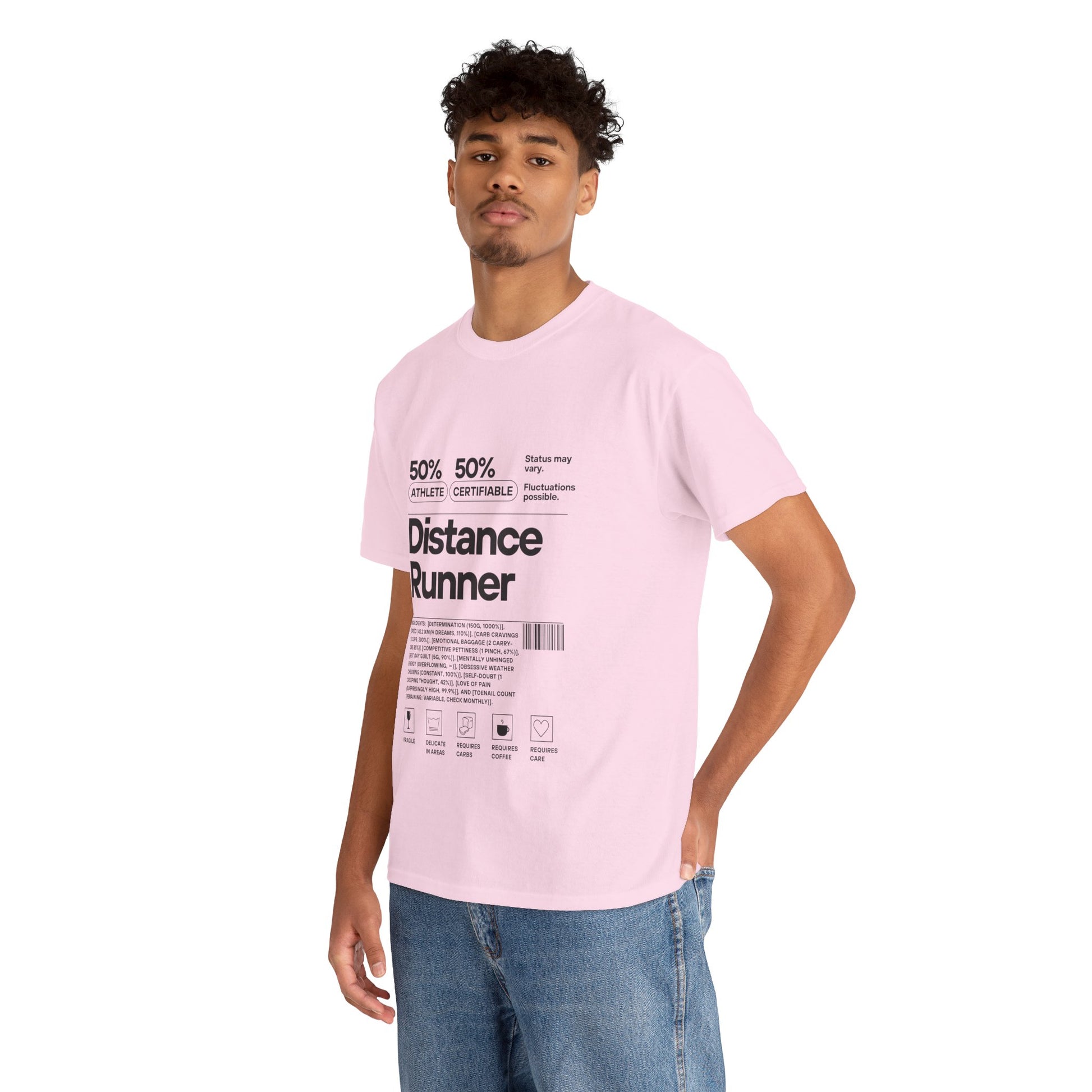 "Cotton tee featuring 50% athlete 50% certifiable distance runner humour"