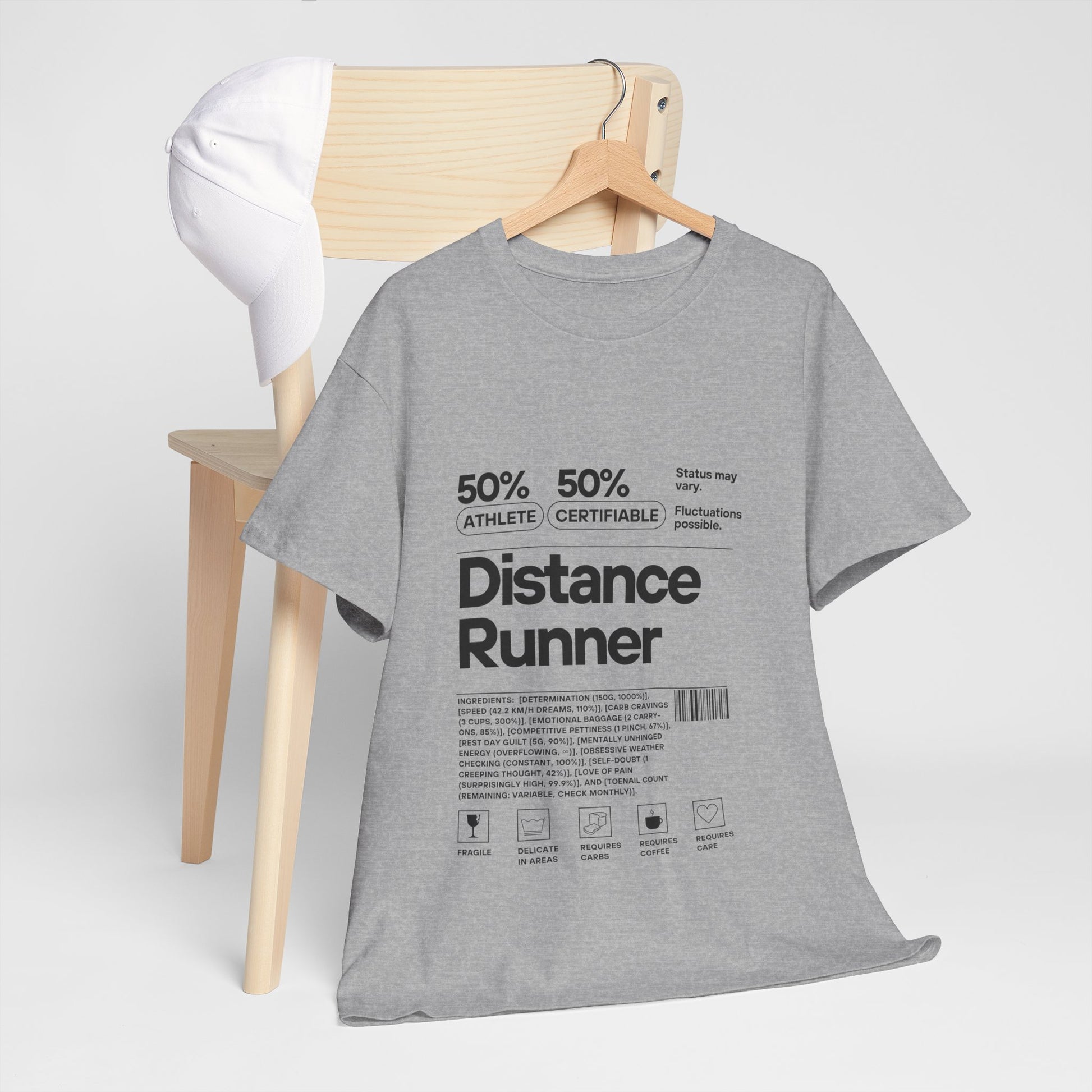 Hanging  "Cotton tee featuring 50% athlete 50% certifiable distance runner humour"