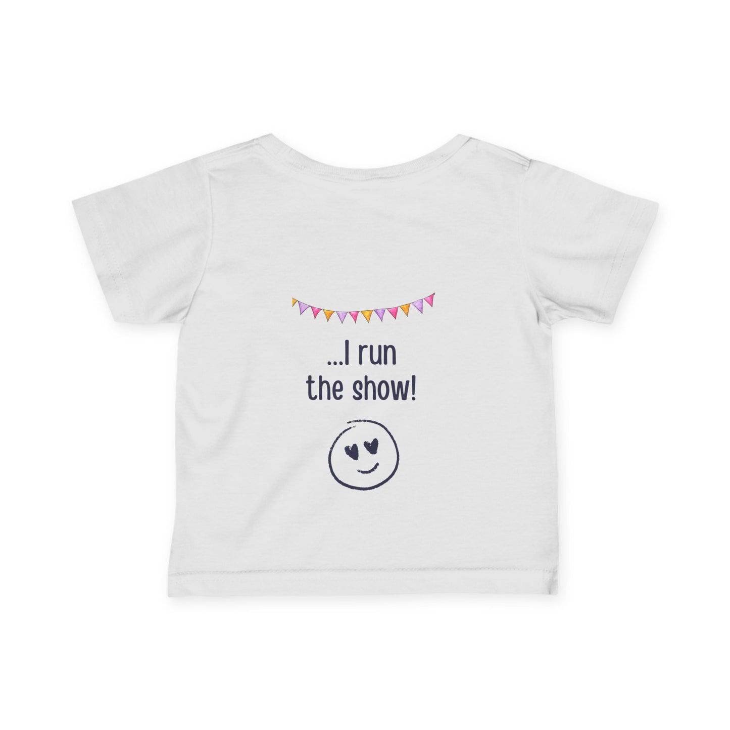"Toddler t-shirt in white. Front text: My Mum runs marathons. Back: I run the show"