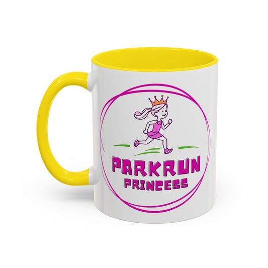 "White ceramic mug with 'Parkrun Princess' text design for running enthusiasts"