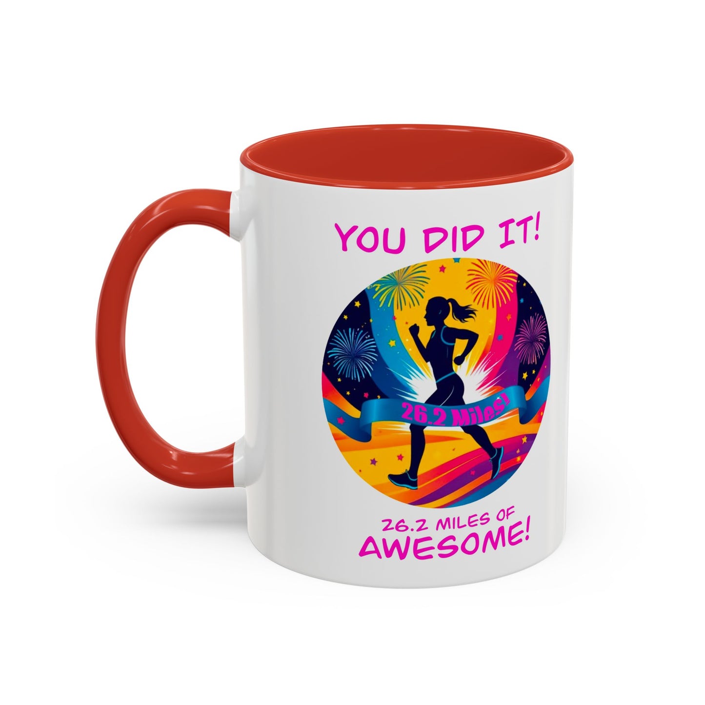 Red / white contrast Marathon finisher coffee mug with inspirational finish line design"